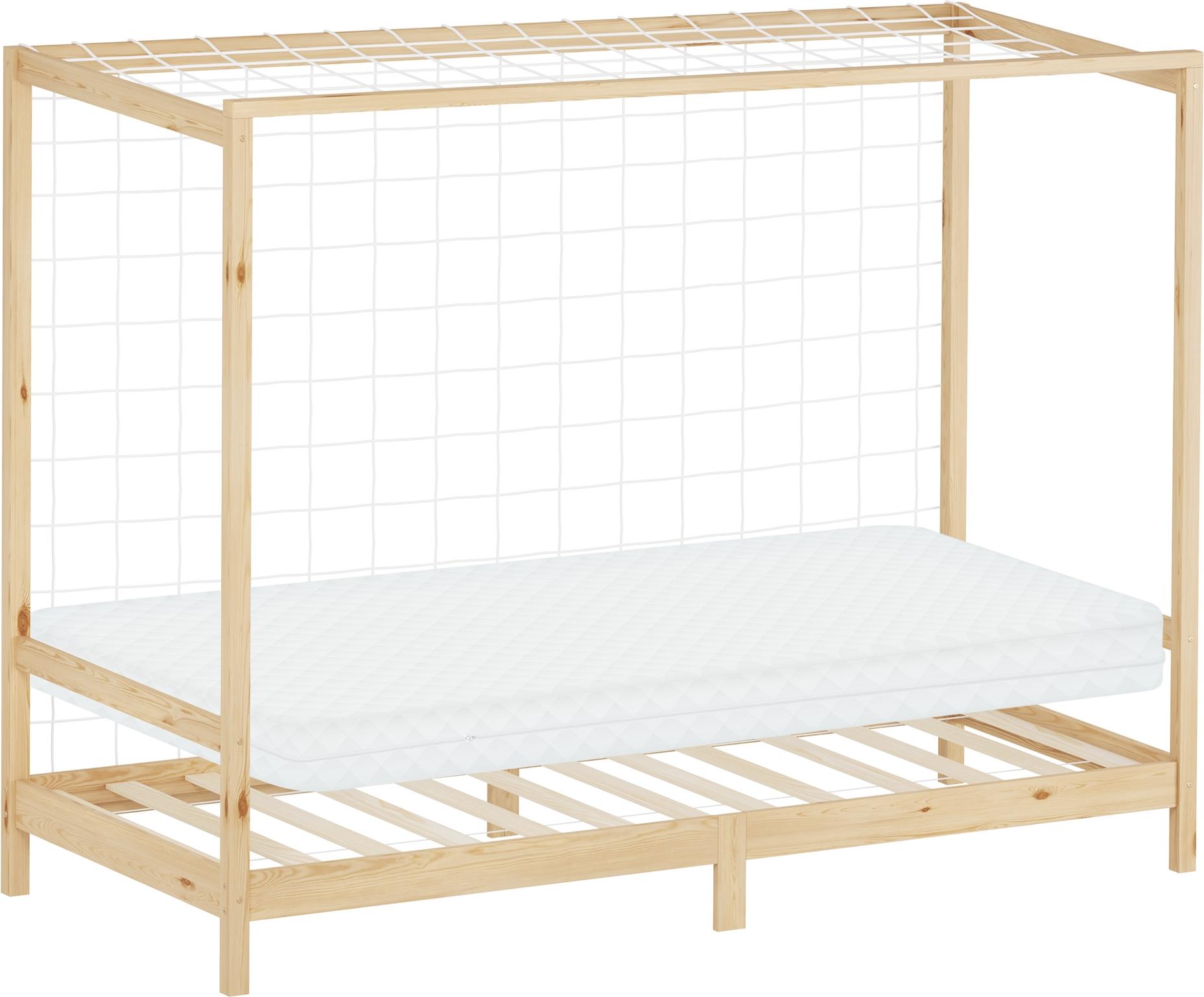 ML-Design Kinderbett Fußballtor 90x200 cm Einzelbett mit Matratze H:10cm Natur Holzbett mit Lattenrost & Netz Jugendbett aus Kiefernholz Handballtor 490017849