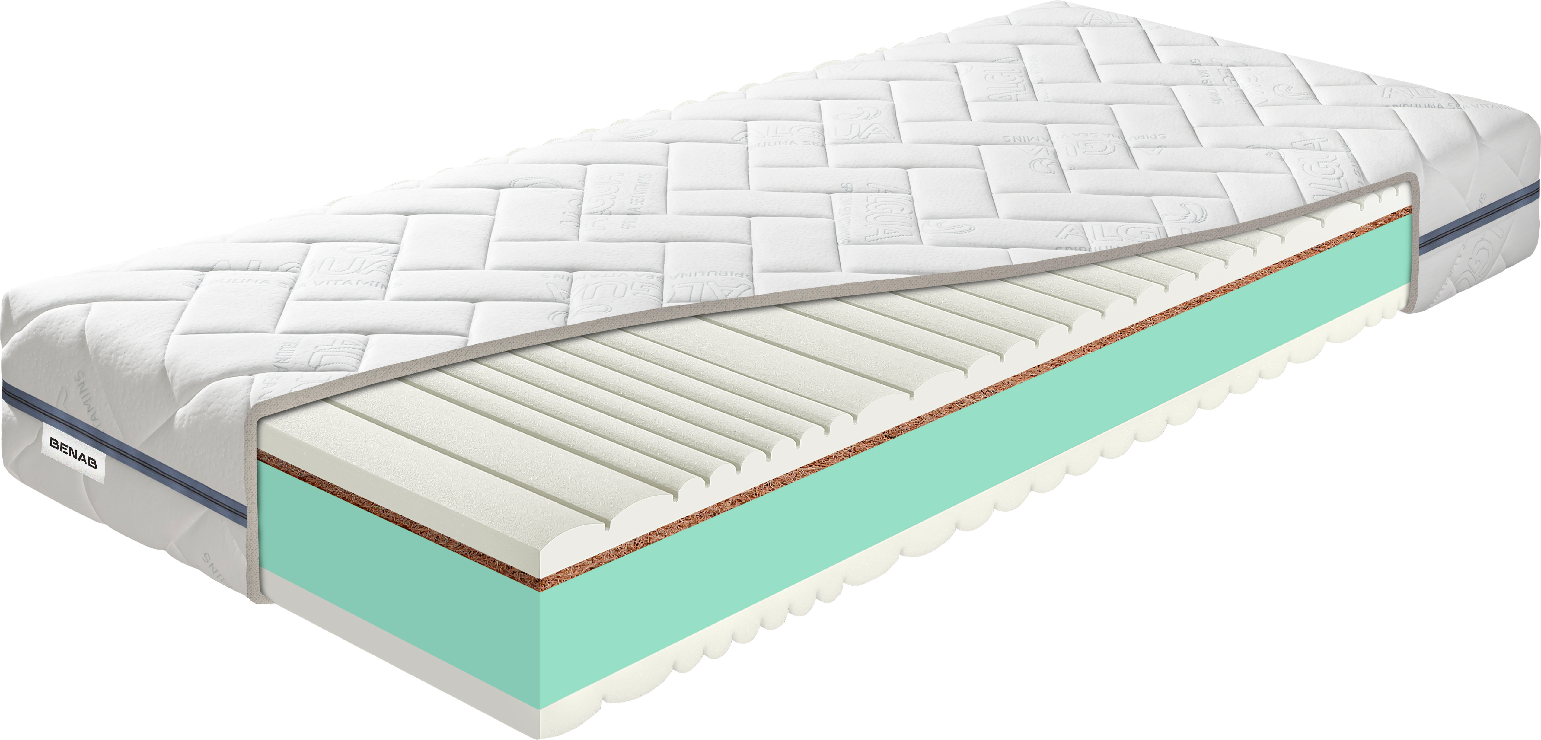 Kaltschaummatratze Benab King Bio&Natural 23 Longlife Matratze 85 x 200 cm H3 / H5 hart 23 cm hohe Kaltschaummatratzen, Algua Spirulina, BIO-Schaum, Kokosschicht, HR-Schaum, 7-Zonen-Profilierung, Kanälenprofil, Partnermatratze, Hot Melt,