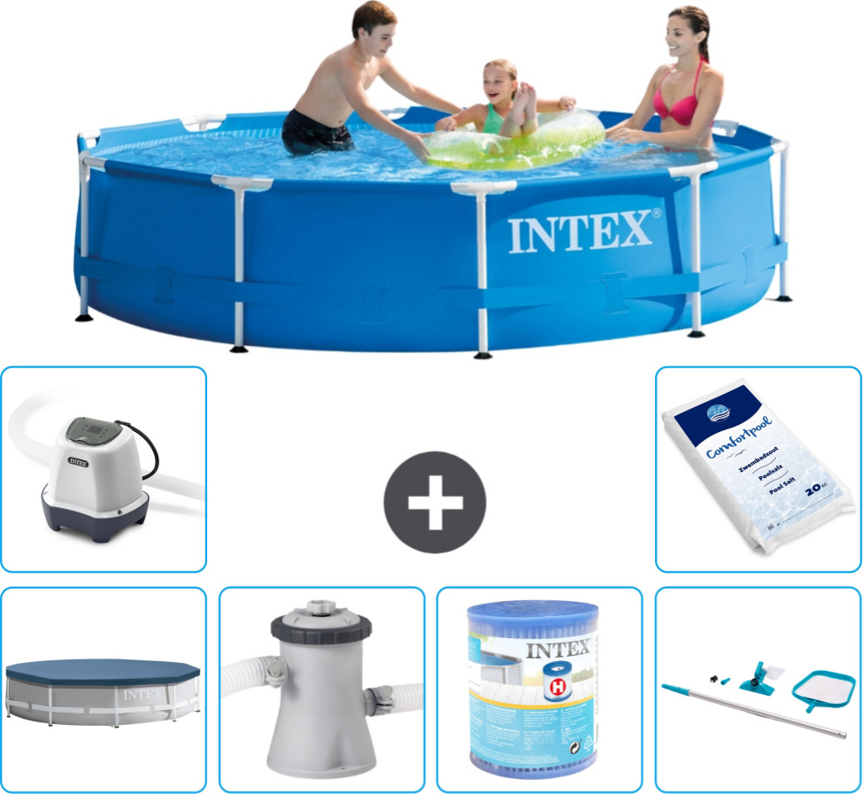 Bazén Intex s okrúhlym rámom - 305 x 76 cm - modrý - vrátane krytu - filtračné čerpadlo pre bazén - filter - čistiaca súprava - systém slanej vody - bazénová soľ