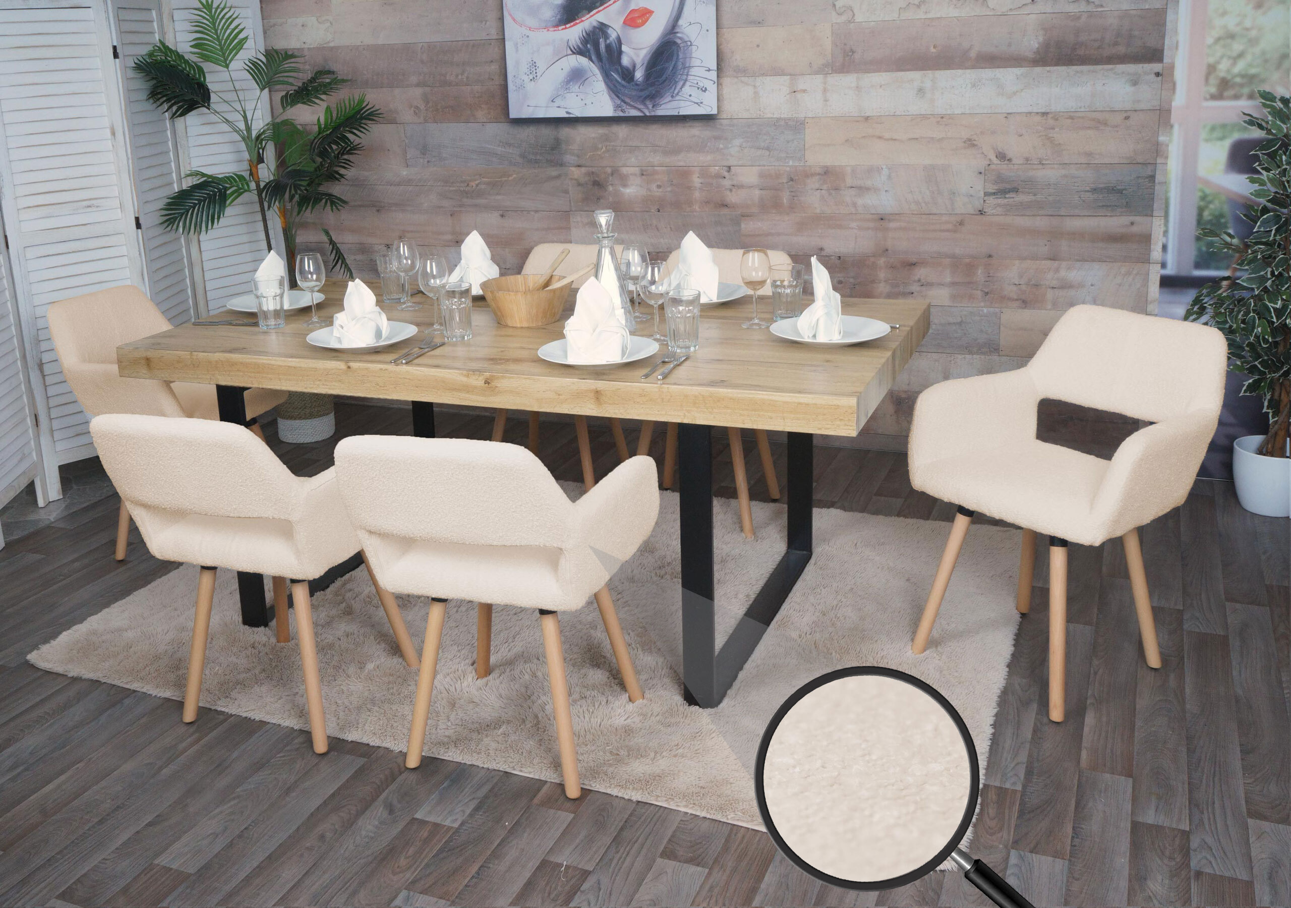 sada 6 jedálenských stoličiek HWC-A50 II, stolička kuchynská stolička čalúnená stolička, drevo látka/textil bouclé (450g/m²) ~ béžová