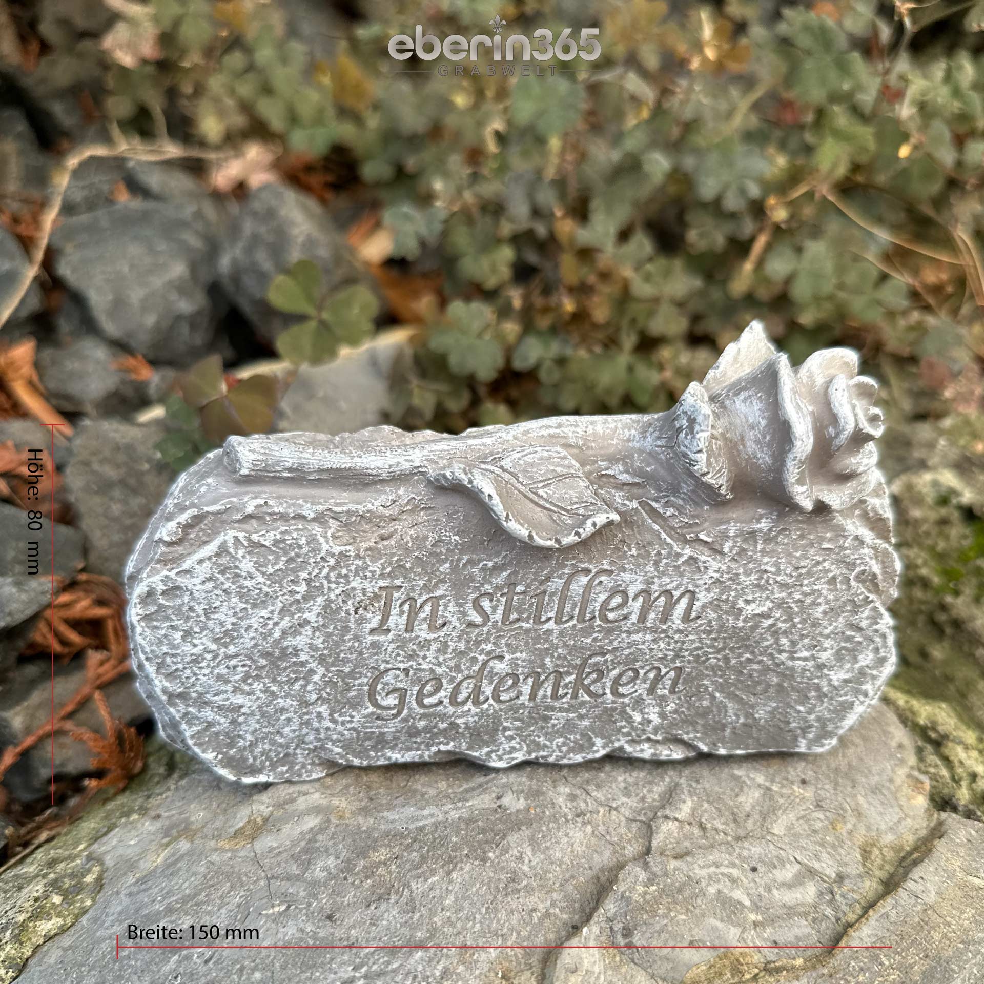 eberin · Friedhof Gedenkstein Motiv Rose · Trauerstein/Spruchstein/Grab Stein Reale Steinoptik mit Spruch "In stillem Gedenken"