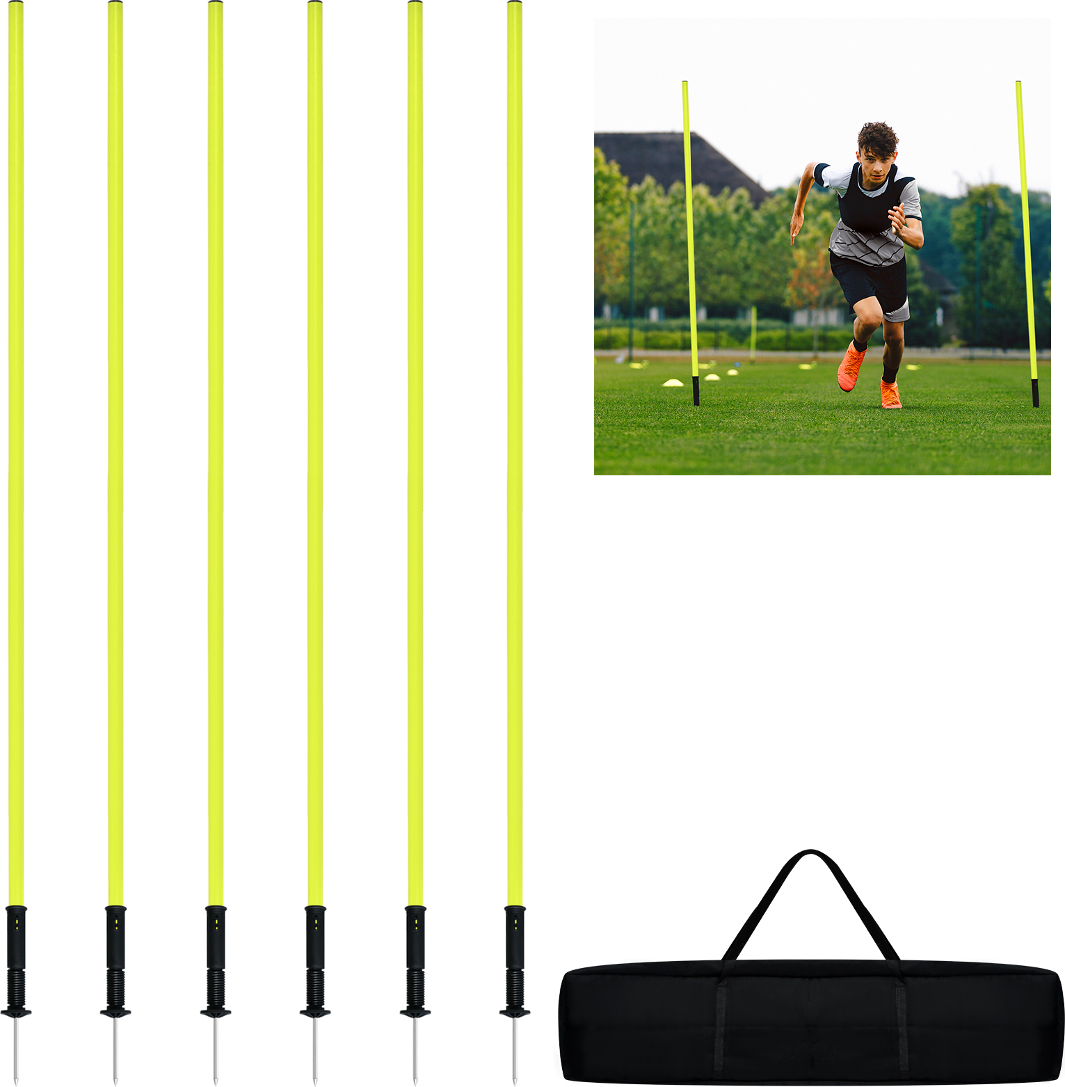 LARS360 180cm Slalomstangen Fussball Trainingszubehör 6pcs-Set Hürdenstangen mit Erdspieß & Tragetasche Sprunghafte Agilität Stangen für Slalom Fußball Hundetrainingsset
