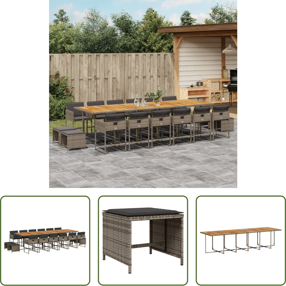 The Living Store 17-dielny záhradný jedálenský set s vankúšmi sivý polyratan