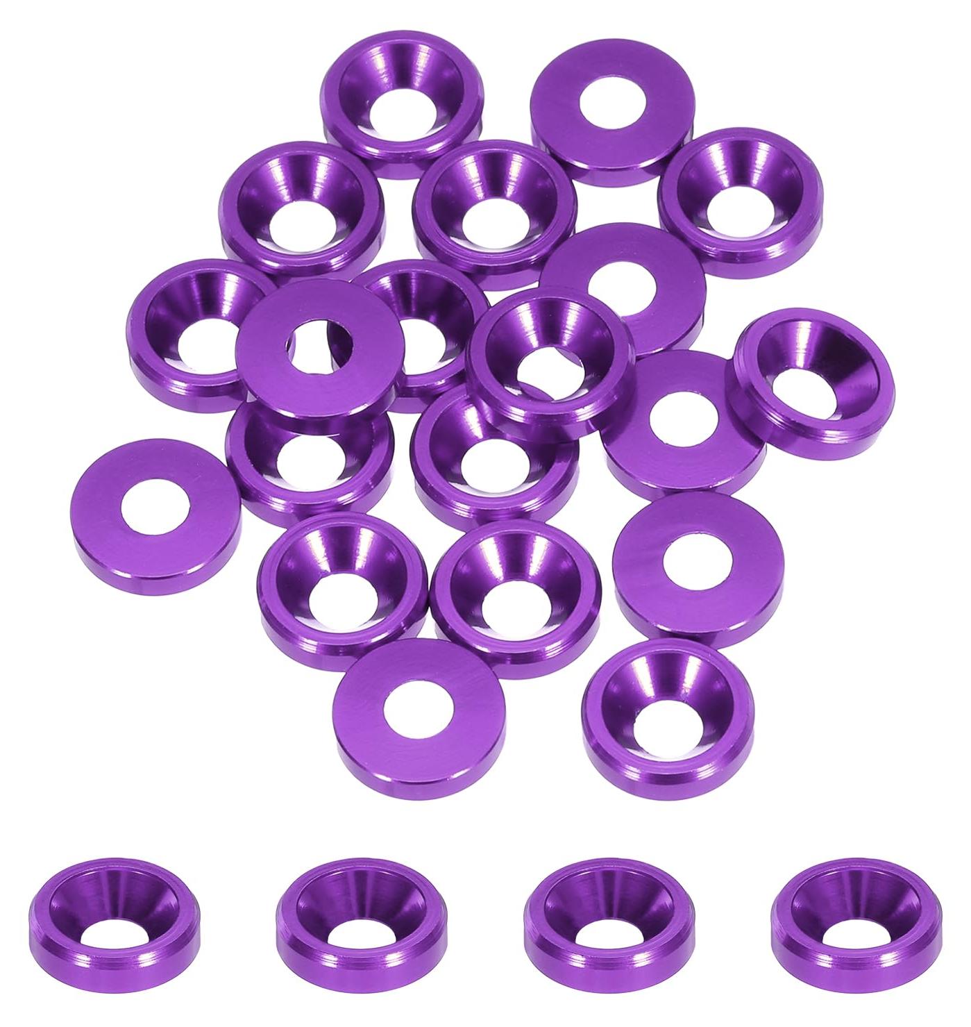Markenlos Konische Senkringe, Lochdurchmesser 3,1 mm, Aluminiumdichtungen, Dichtungsringe für RC/FPV/PC/Drohnen/mechanisches Zubehör, 20 Stück (lila)