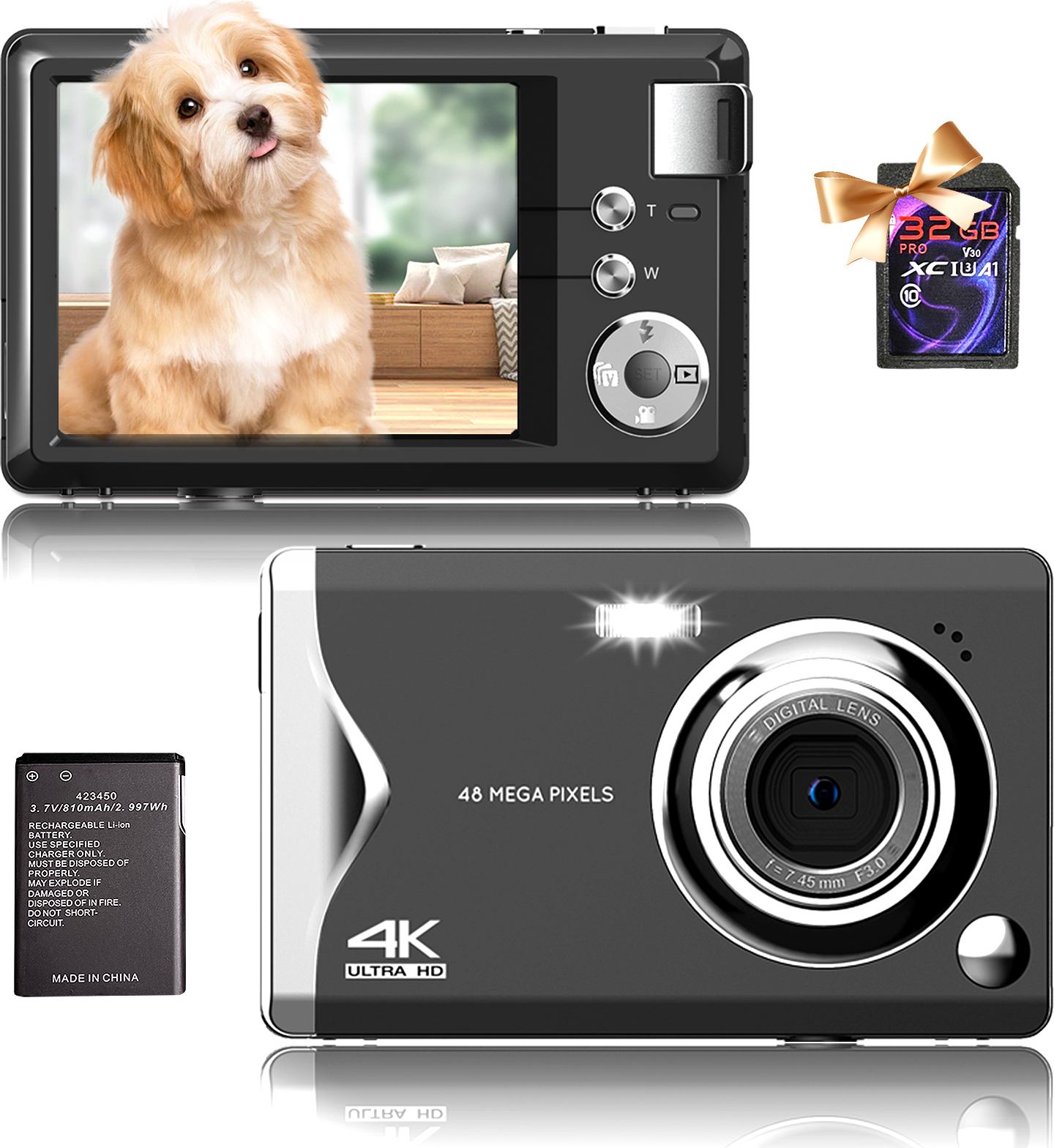 OKA gute Qualität Digitalkamera, 4K HD 1080P 48MP Fotokamera Kompaktkamera, Mini Digitalkamera mit 32GB SD-Kart, LCD-Bildschirm,16X Digitalzoom für Anfänger (Schwarz)