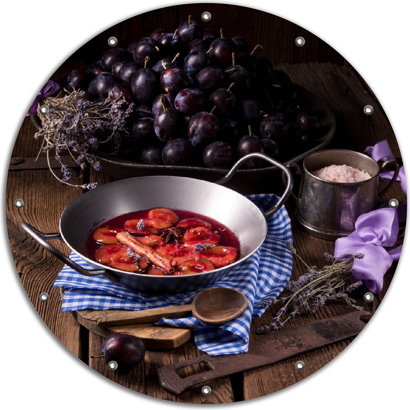 Wallario rundes Outdoor-Poster für Garten oder Balkon, Motiv Frisches Pflaumenkompott mit Gewüzen, 90 cm Durchmesser ruban5325-9090