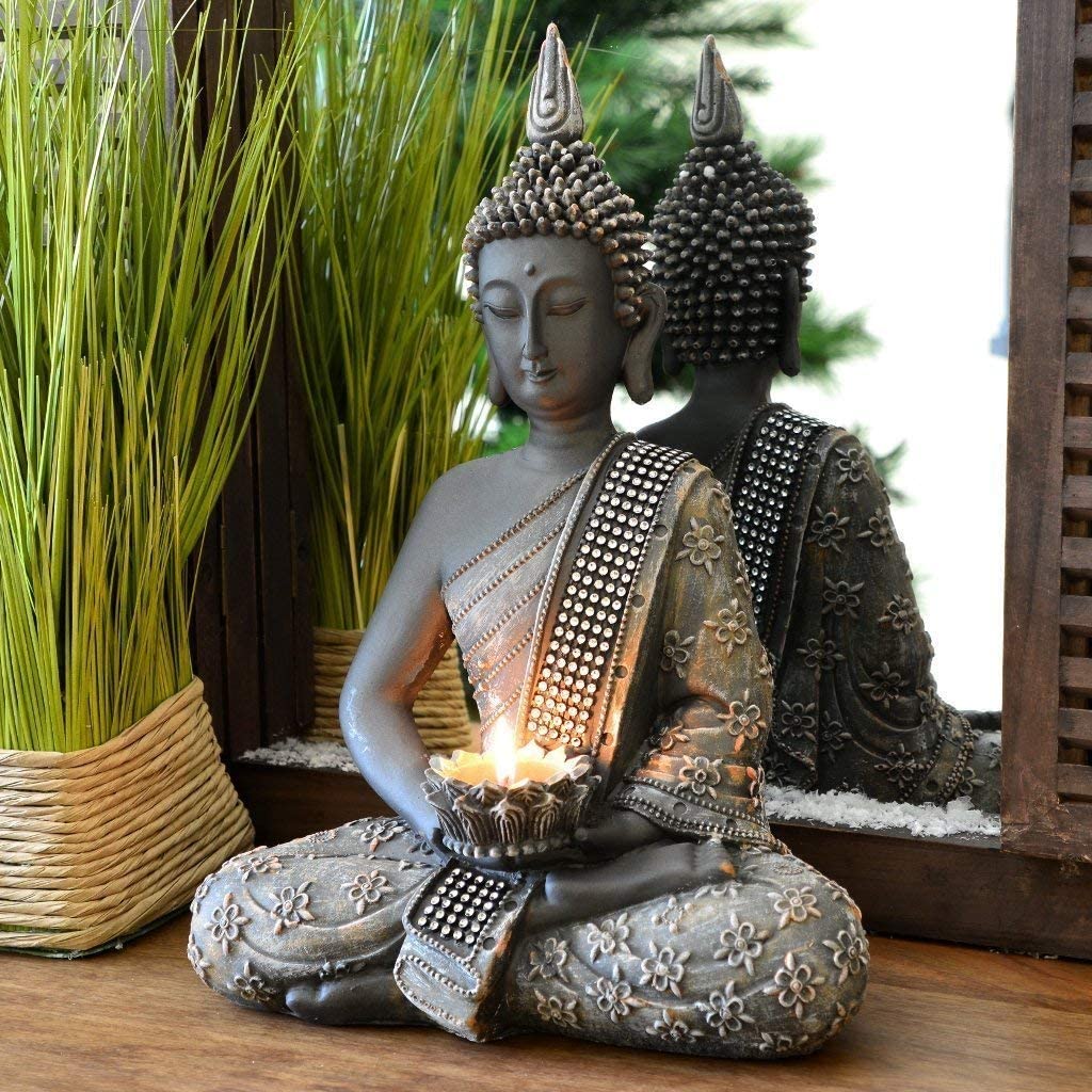 Buddha Teelicht FENG SHUI STATUE Skultur H41 cm Figur mit Teelichthalter