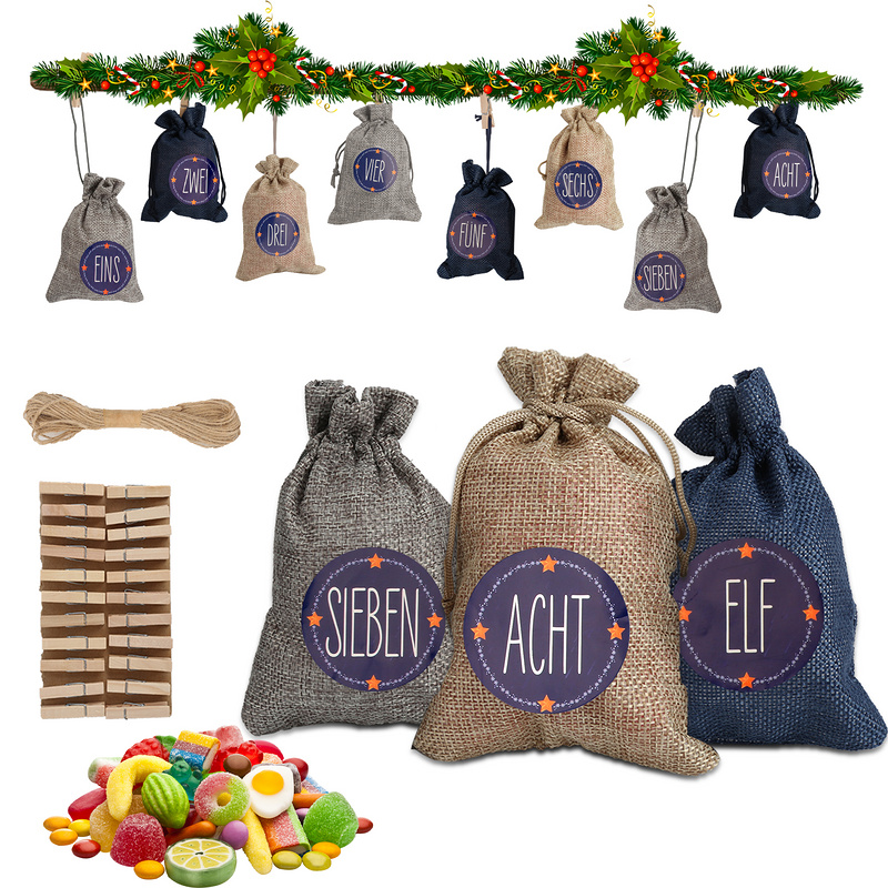 Jopassy adventný kalendár na vyplnenie adventného kalendára naplňte darčekové vrecko na Vianoce vianočný vrece dekor 24 látkových vreciek modrá / biela / sivá