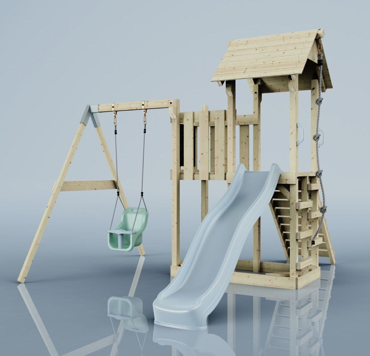 OutdoorToys Spielturm mit Wellenrutsche und Kinder-Schaukel, Outdoor Klettergerüst Garten mit Plattform, Ausführung: Babyschaukel, Farbe: Eisblau, mit Babyschaukel O4.5.00281.9