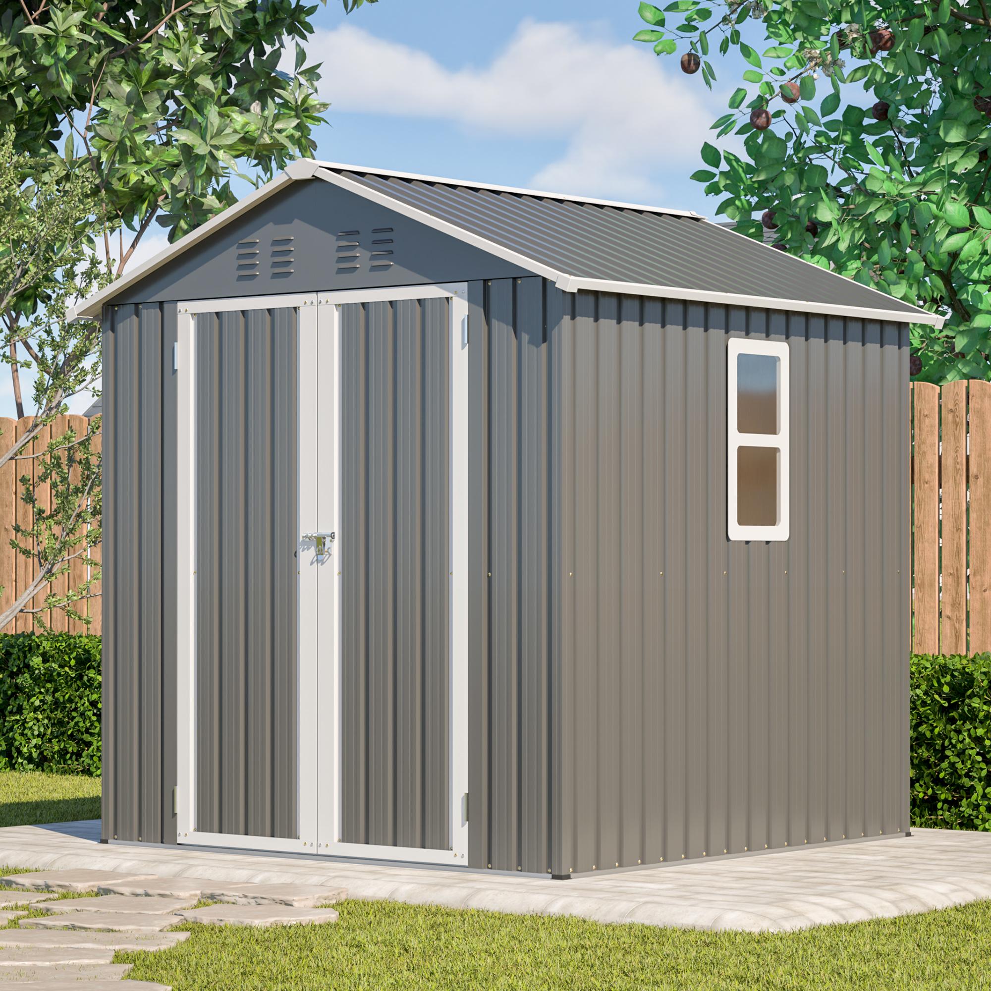Metall Geräteschuppen Gerätehaus mit Fundament mit Fenster Satteldach Schuppen Pultdach 6m³ Grau