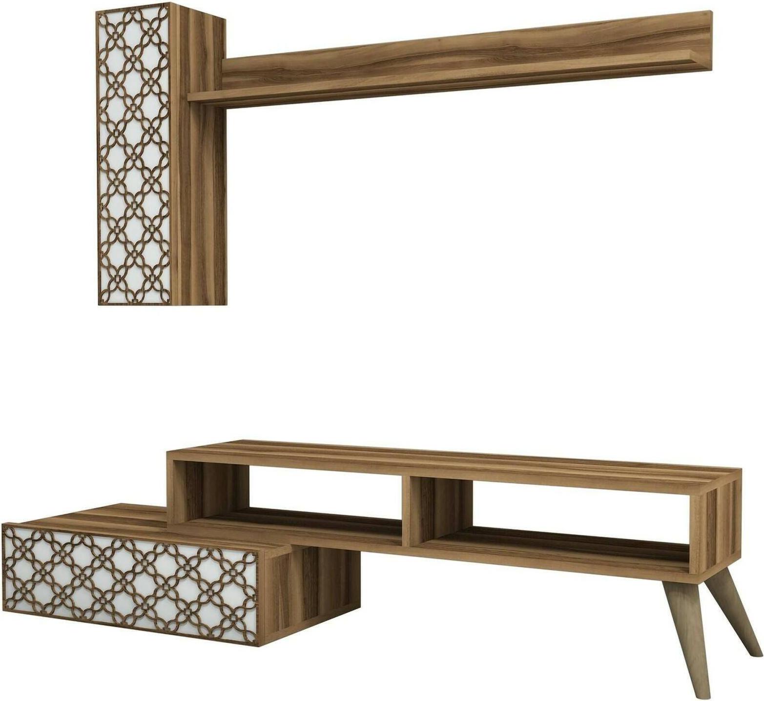Dmora Wohnzimmermöbel Sterope, Modulares Wohnzimmerset, Mehrzweck-Wohnzimmermöbel, Moderner TV-Schrank, 150x37h38 cm, Walnuss und Weiß