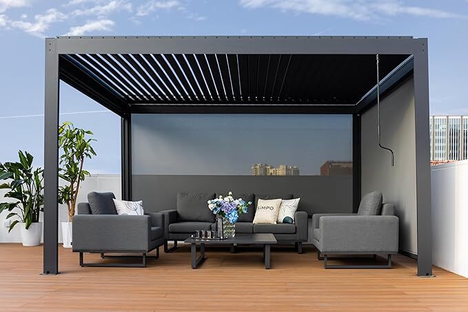 Simpo Lifestyle | Pergola mit Lamellendach Aluminium freistehend | 3x4 M | Lamellendach anthrazit | 1 ZIP-Rollo 4m | 1 ZIP-Rollo 3m | LED | SMP-SPL-IN-LED-34-1MBZ-GR