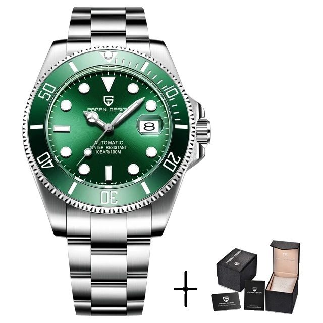 Luxusné mechanické hodinky, keramický rámik, zafírové sklíčko, zelené, strojček Seiko NH35