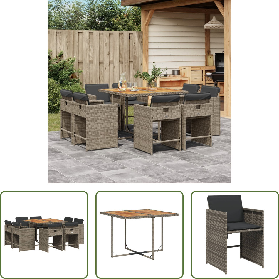 The Living Store 9-dielny záhradný jedálenský set s vankúšmi sivý polyratan
