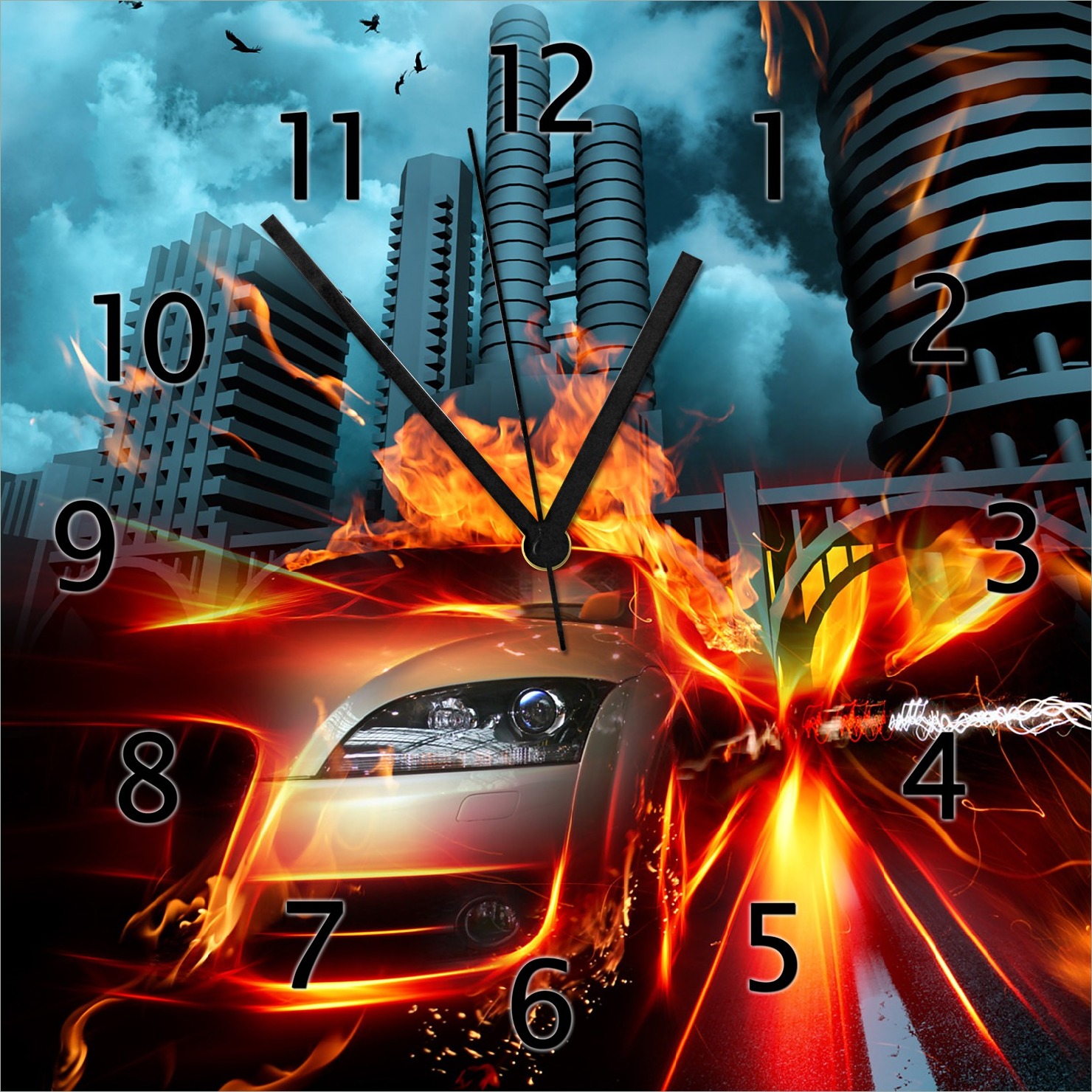 Wallario Design Wanduhr Brennendes fahrendes Auto aus Echtglas, Größe 30 x 30 cm gugs0100-3030