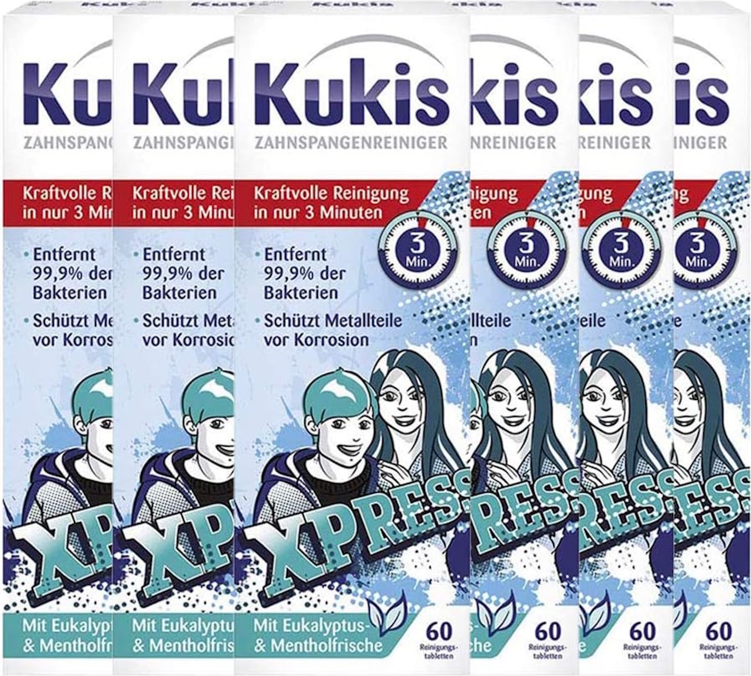 Kukident Kukis Zahnspangenreiniger, 6x60 Reinigungstabletten für Zahnspangen