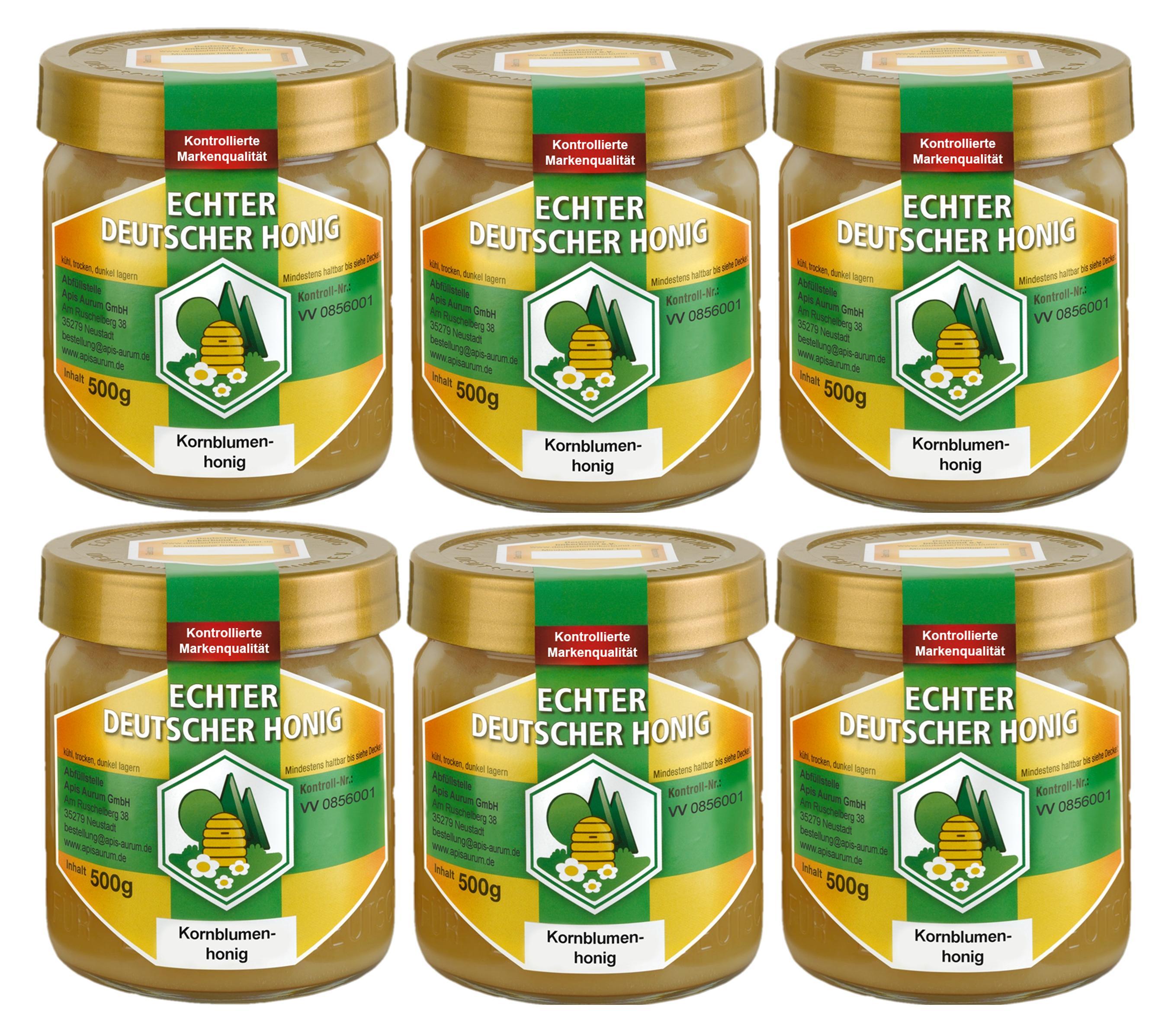 Apis Aurum GmbH Echter Deutscher Honig - Kornblumenhonig - 6 x 500g im Glas