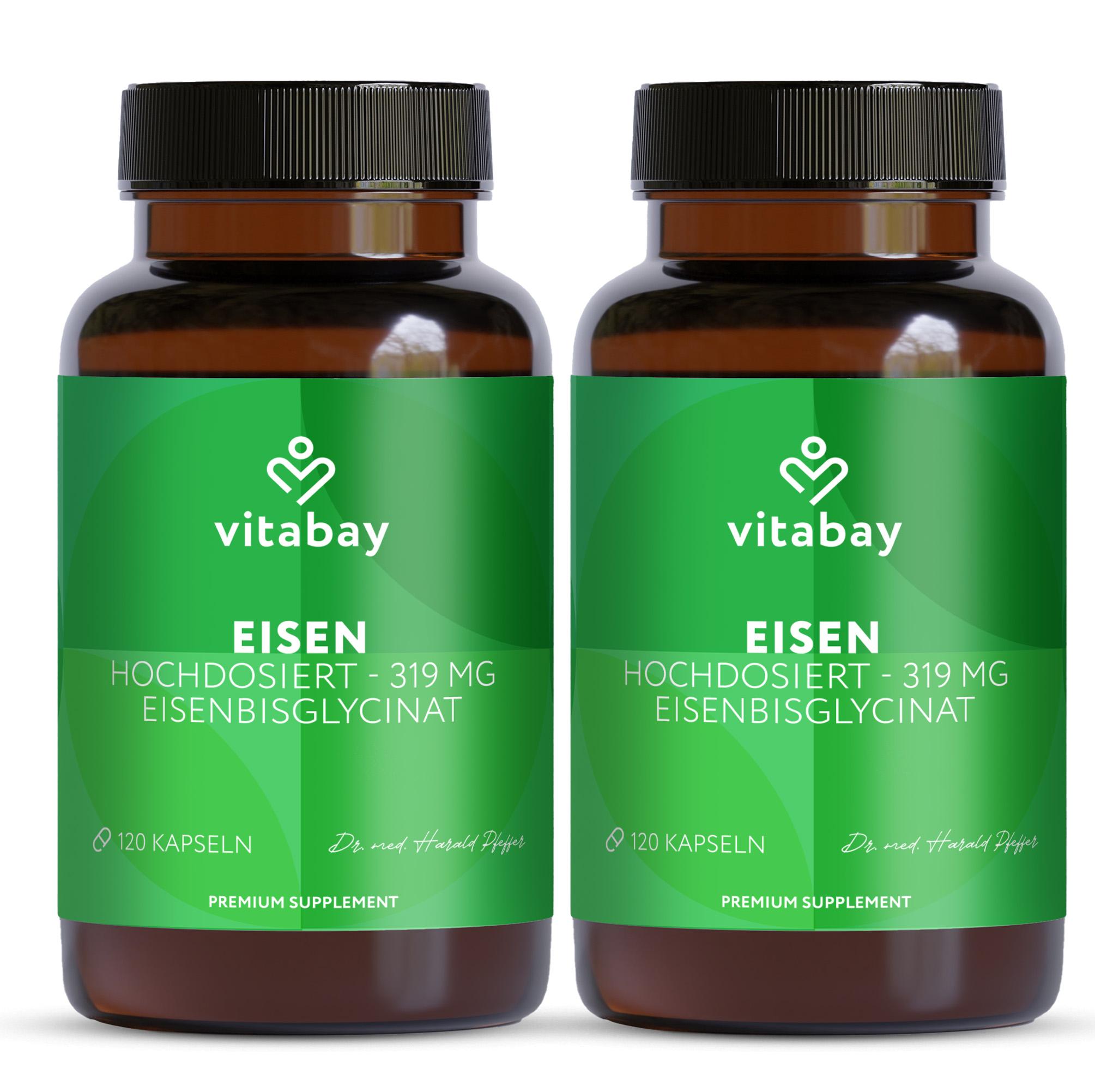 Vitabay C.V. Vitabay Eisen 319 mg - 240 vegane Kapseln mit Eisenbisglycinat - 2er Pack - Hochdosiertes Eisenpräparat - Vorrat für 8 Monate