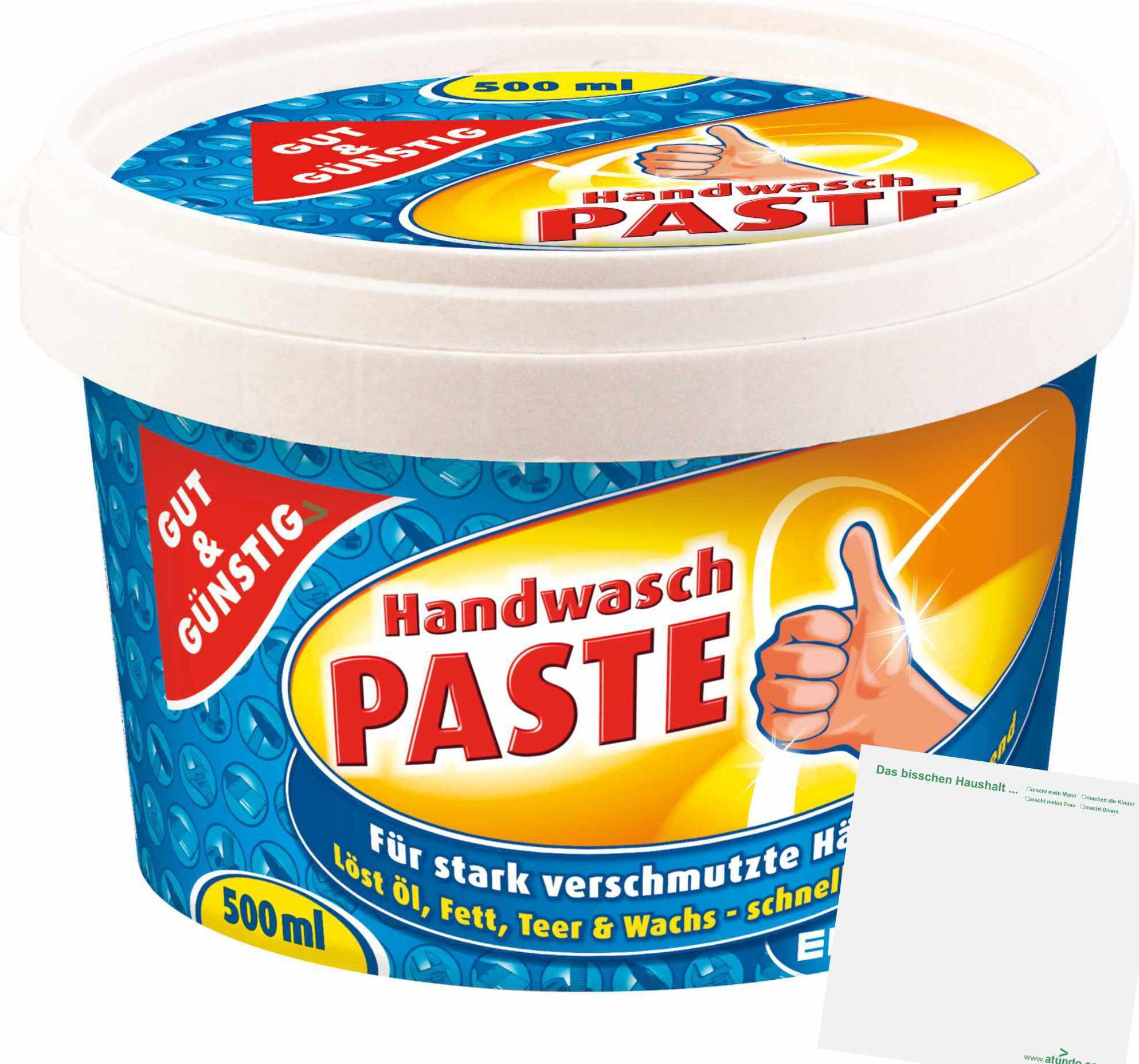 Gut & Günstig Handwaschpaste für stark verschmutzte Hände löst Öl Fett Teer und Wachs (500ml) + usy Block