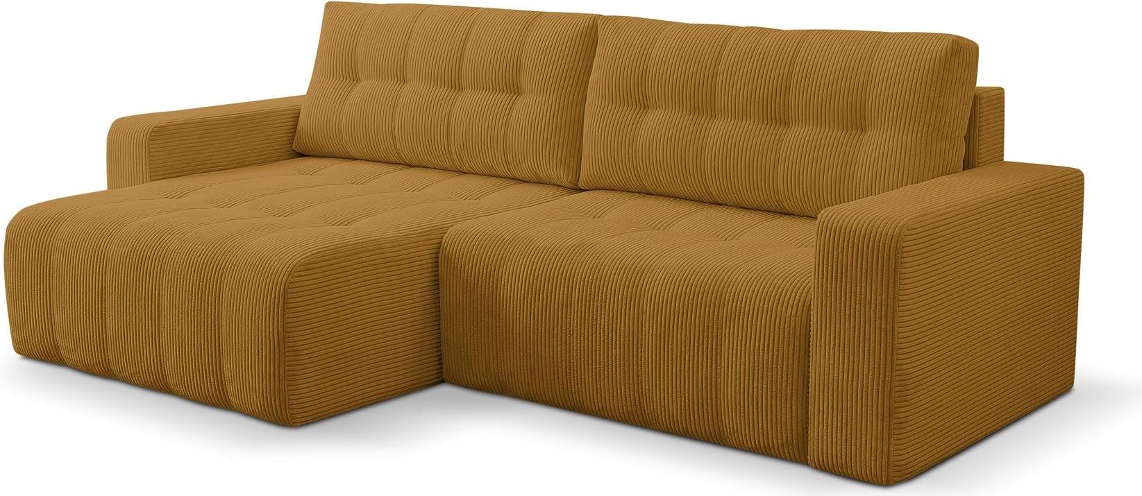 BETTSO Ecksofa MASINA in Honigcord mit Schlaffunktion und Bettzeugcontainer