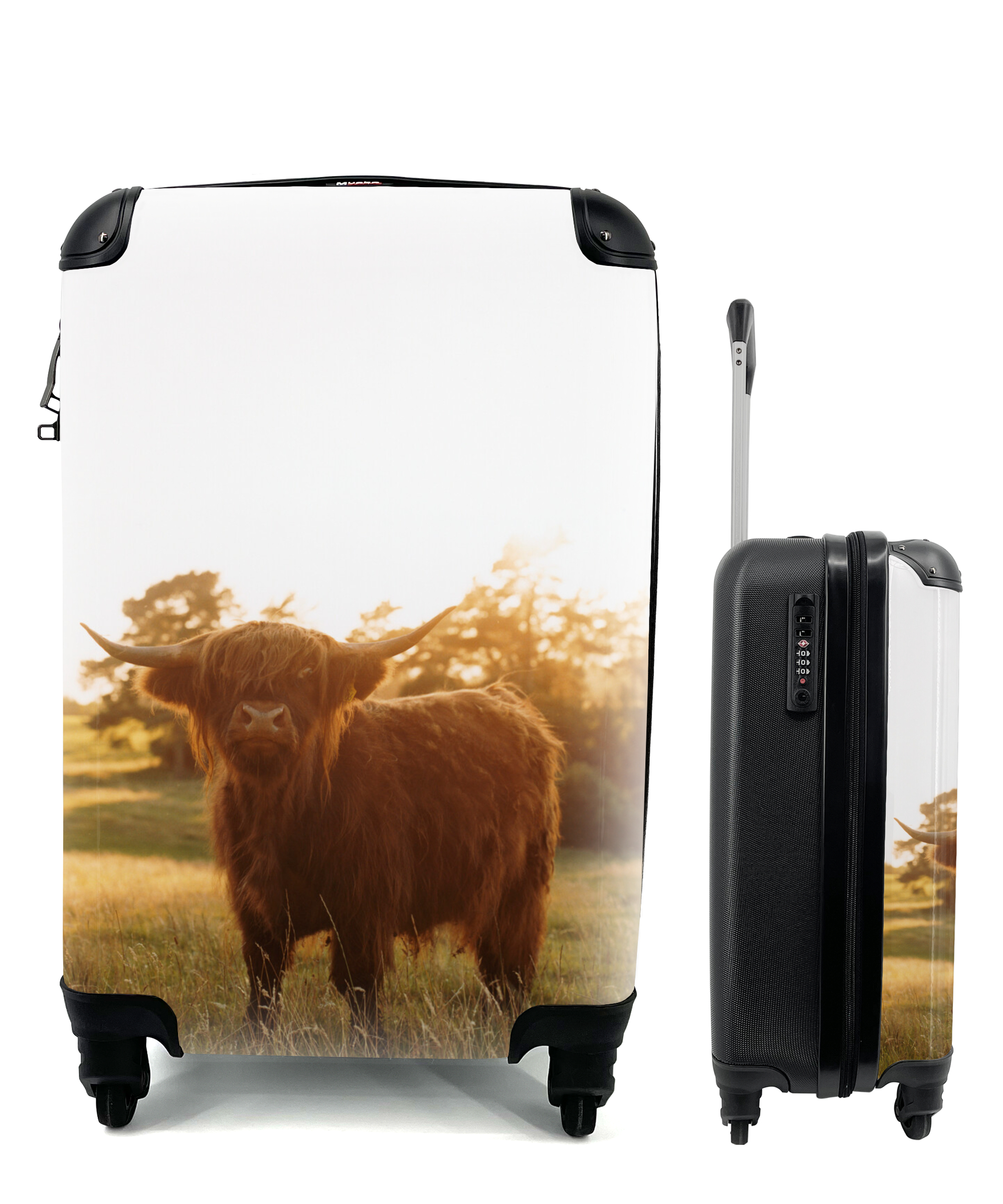 MuchoWow® Koffer Handgepäck Trolley Rollkoffer Kleine Reisekoffer mit 4 Rollen - Schottischer Hochländer - Gras - Sonne - Cabin Size < 55x40x23 cm & 55x40x20 cm - Fotokoffer - Kabinenkoffer - Boardgepäck - Reise-Box - Reisekoffer - Reisegepäck - Koffer mit Bild - Trolley für Kinder 68|298997260