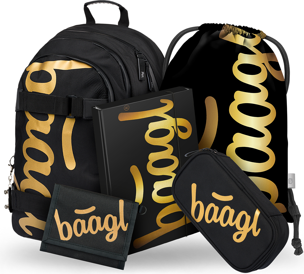 BAAGL Skate Gold Rucksack-Set 5tlg: Rucksack, Federmäppchen, Turnbeutel, Geldbörse, Heftmappe