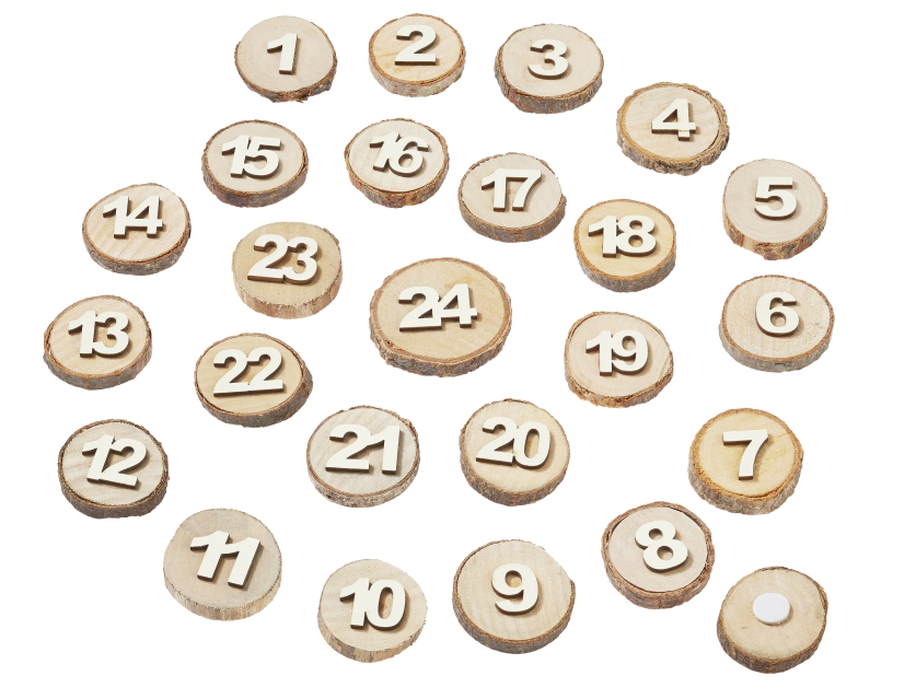 Hobbyfun AA- Adventszahlen-Holzscheiben mit Klebepunkt, Zahlen creme