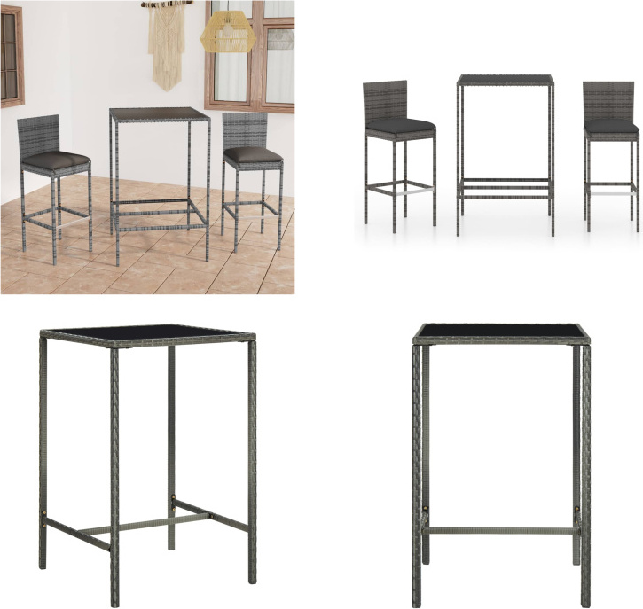 vidaXL 3 ks záhradný barový set s vankúšmi poly ratan sivý - Barový set - Barové sety - Barový stôl a barové stoličky - Barový stôl