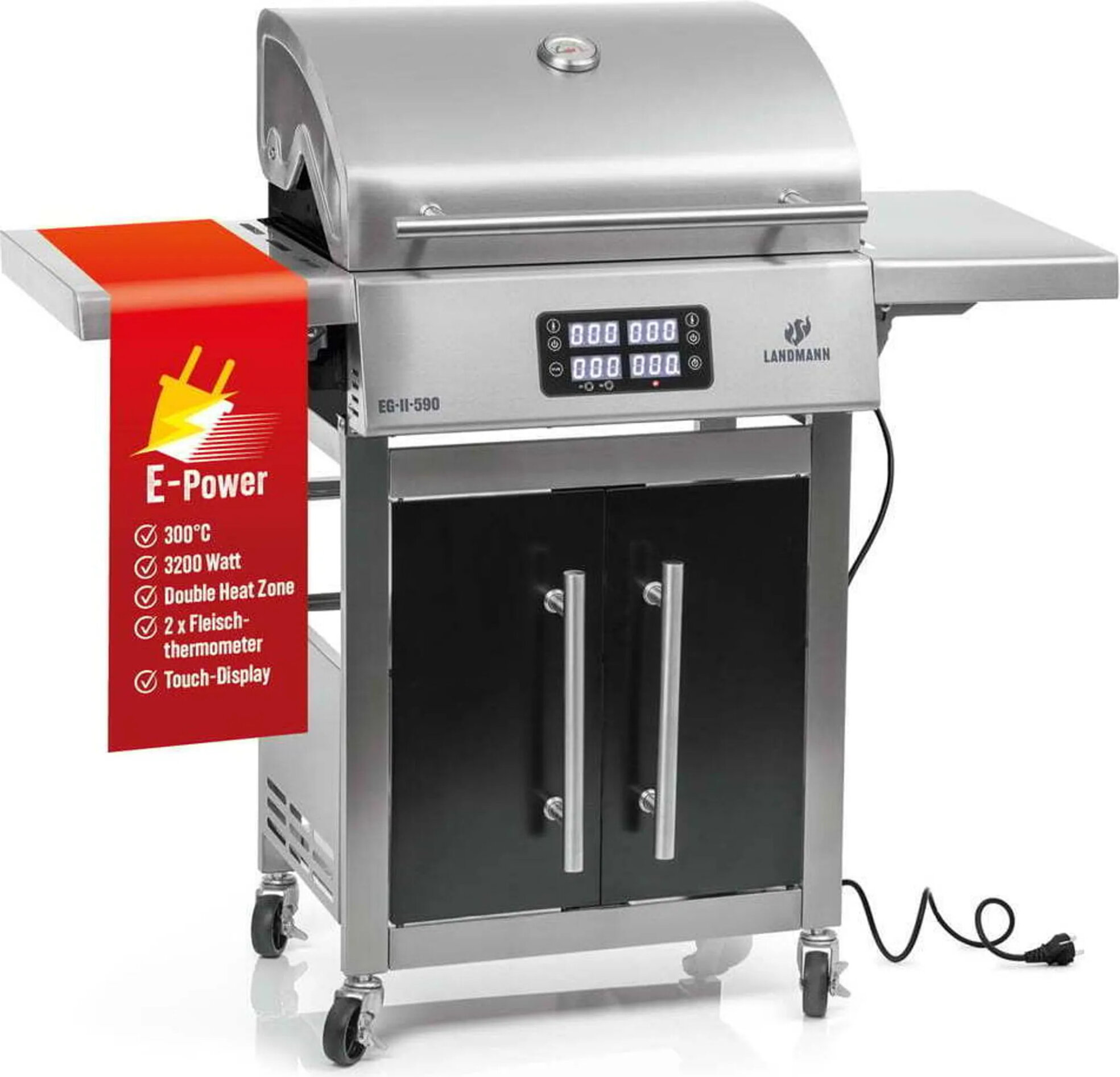Elektrický grilovací vozík LANDMANN EG-II-590 | 3200 W elektrický samostatný gril s 2 teplomermi na mäso a teplomerom vo veku | grilovacia plocha cca 59 x 40,5 | strieborná