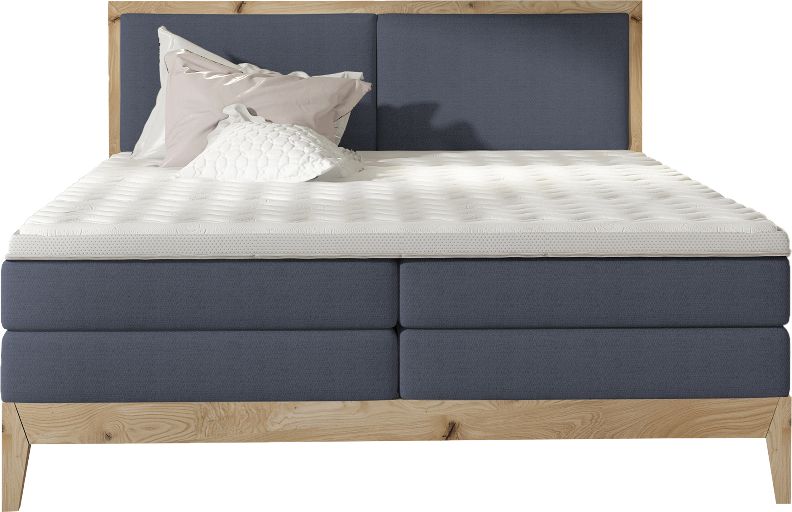 Schlafzimmer Bett Kontinentalbett IDA - Eiche Massivholz, 7-Zonen-Taschenfederkernmatratze, Premium Kaltschaum Topper - Boxspringbett Mit Beleuchtung | 140x200 cm | Blau
