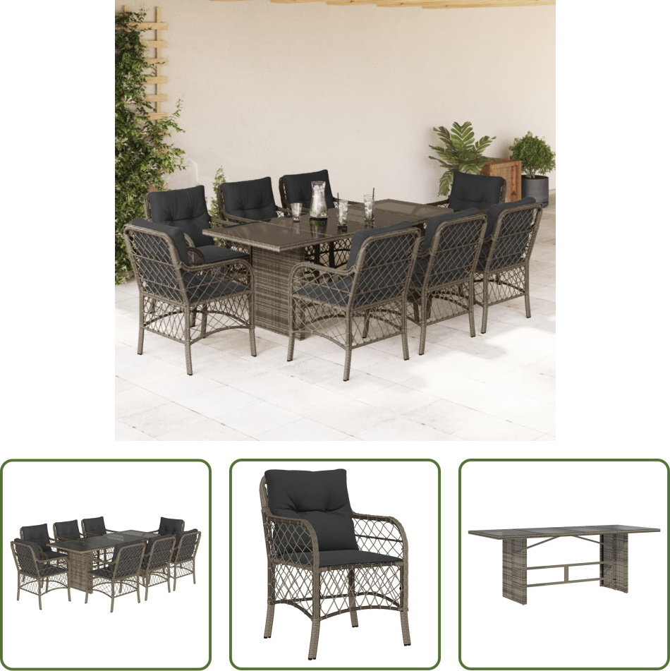 The Living Store 9-dielny záhradný jedálenský set s vankúšmi sivý polyratan