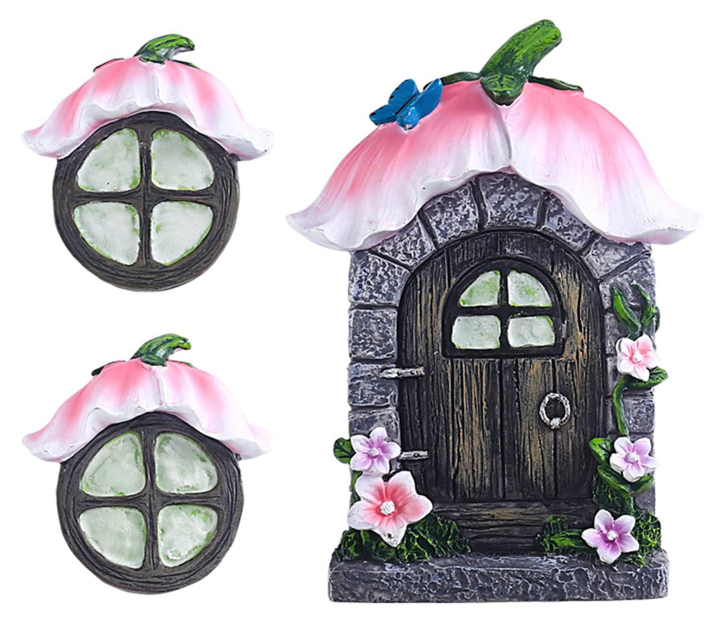 Markenlos Feentür für den Garten, Feentür und Fenster für Bäume, 14 cm, Miniatur-Feentür/Gnomentür aus Kunstharz, Gartendekoration, leuchtet im Dunkeln (Blume)