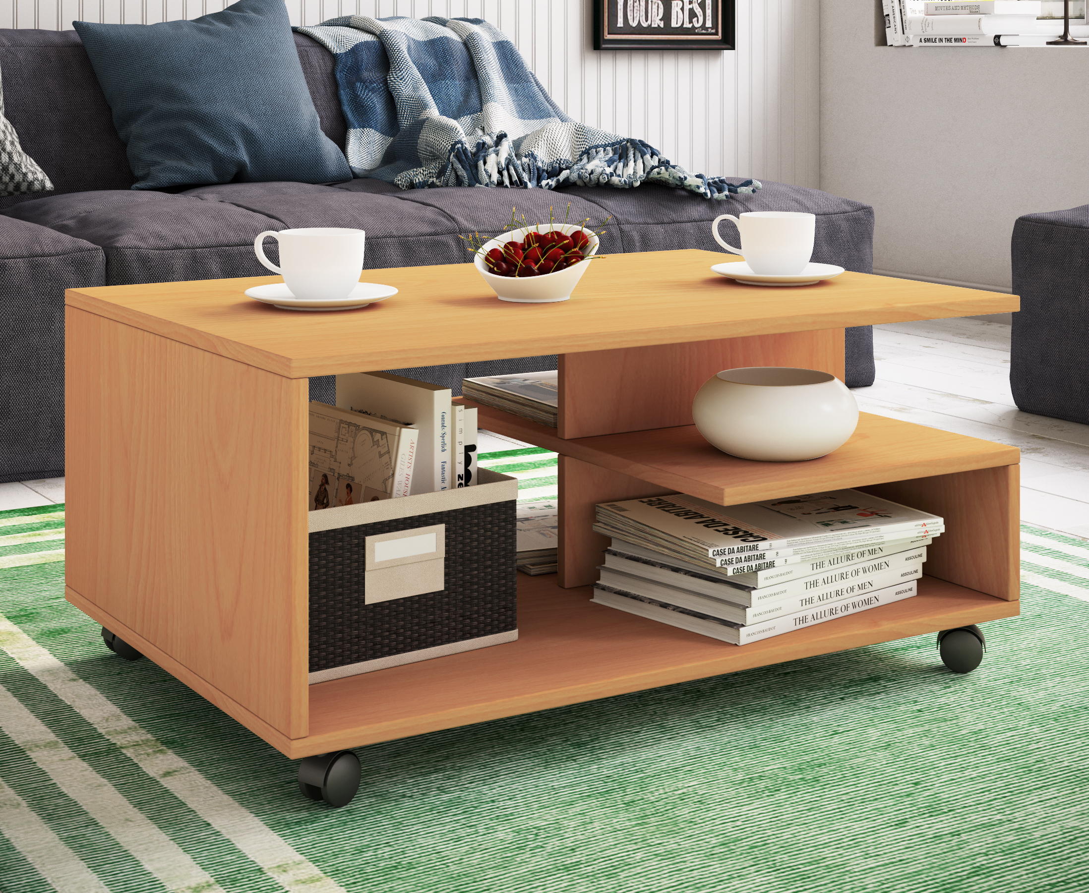 VCM Holz Couchtisch schlicht | Sofatisch Rollen | Maße ca. H. 41 x B. 80 x T. 50 cm | rollbar Kaffeetisch - Stango L 916990