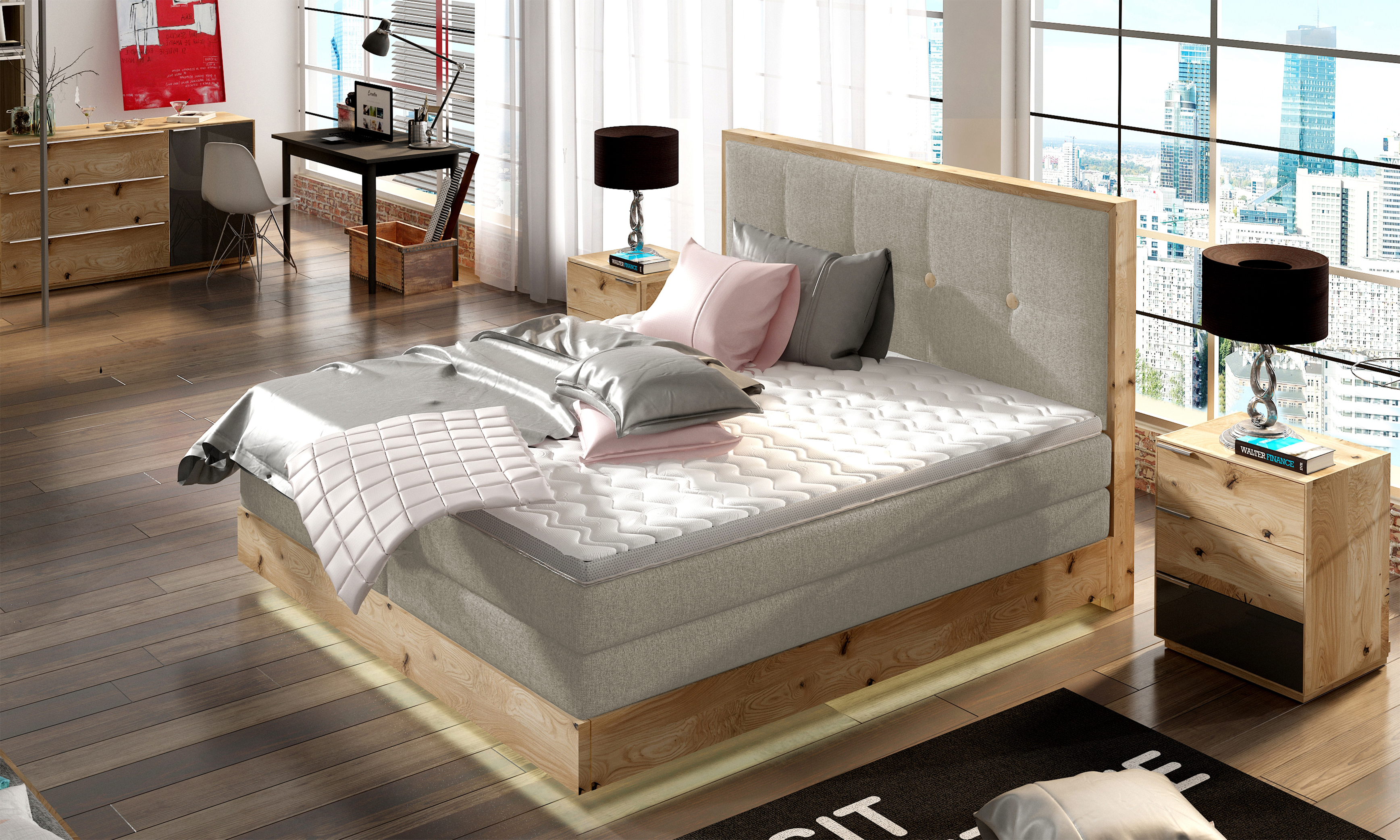 Schlafzimmer Bett Hochwertiges Boxspringbett ETNO Mit Bettkasten, Komfortabel und Elegant, Bonellfederkern, Premium Kaltschaum-Topper, Massivholz Eiche | 180x200 cm | Esche