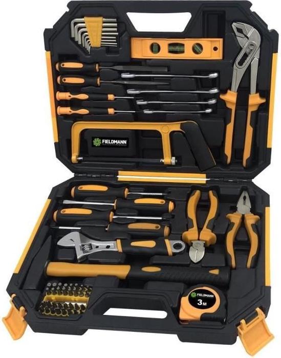 Werkzeugset Fieldmann FDG 5014-66R, 66-teilig, Inklusive Zangen, Schraubendreher, 3 m Maßband, Handsäge, Robuster Kunststoffkoffer FIE8590669280636