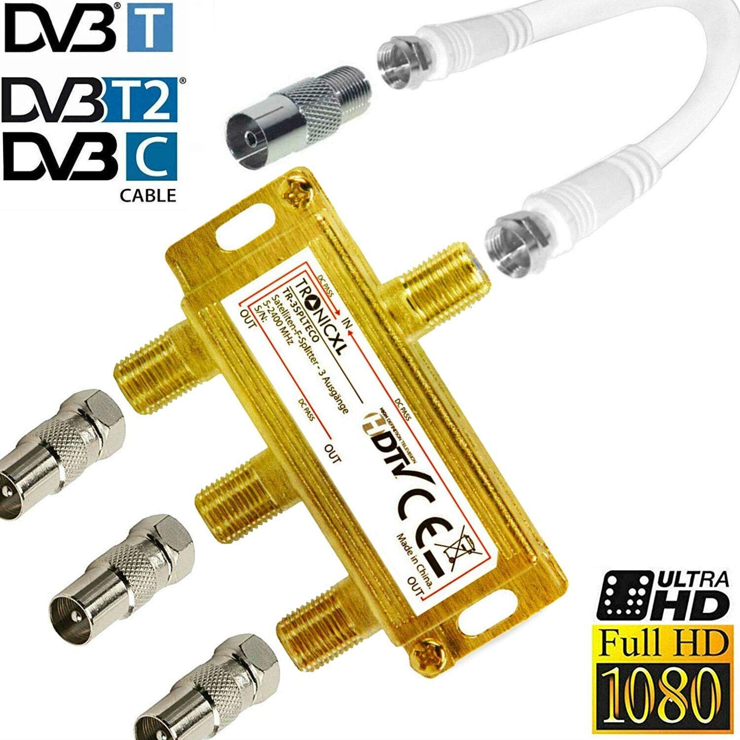 TronicXL 3-Fach IEC GOLD Sat Splitter Verteiler Antennenverteiler 3fach TV Kabel