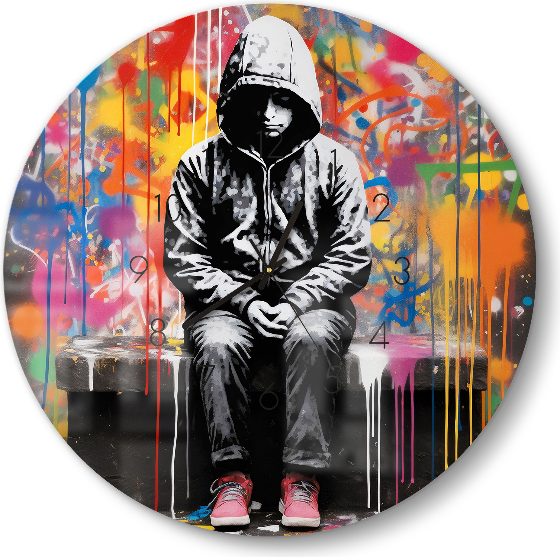 DEQORI DEQOART Glasuhr Ø50 cm Zahlen 'Farbige Adoleszenz' Wanduhr Glas Uhr Design leise Küchenuhr WC-D50-N-3779