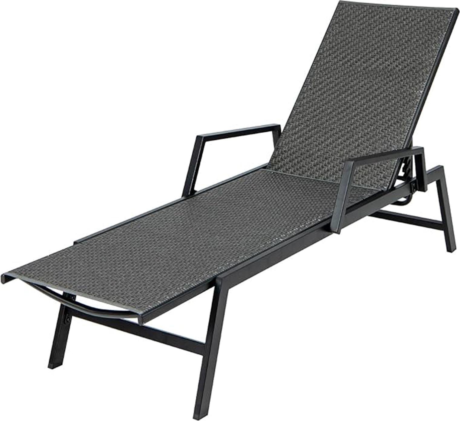 Ratanové ležadlo na terasu, ležadlo na vonkajšie použitie, ležadlo s 5-cestne nastaviteľným operadlom a robustným kovovým rámom na pláž, nádvorie