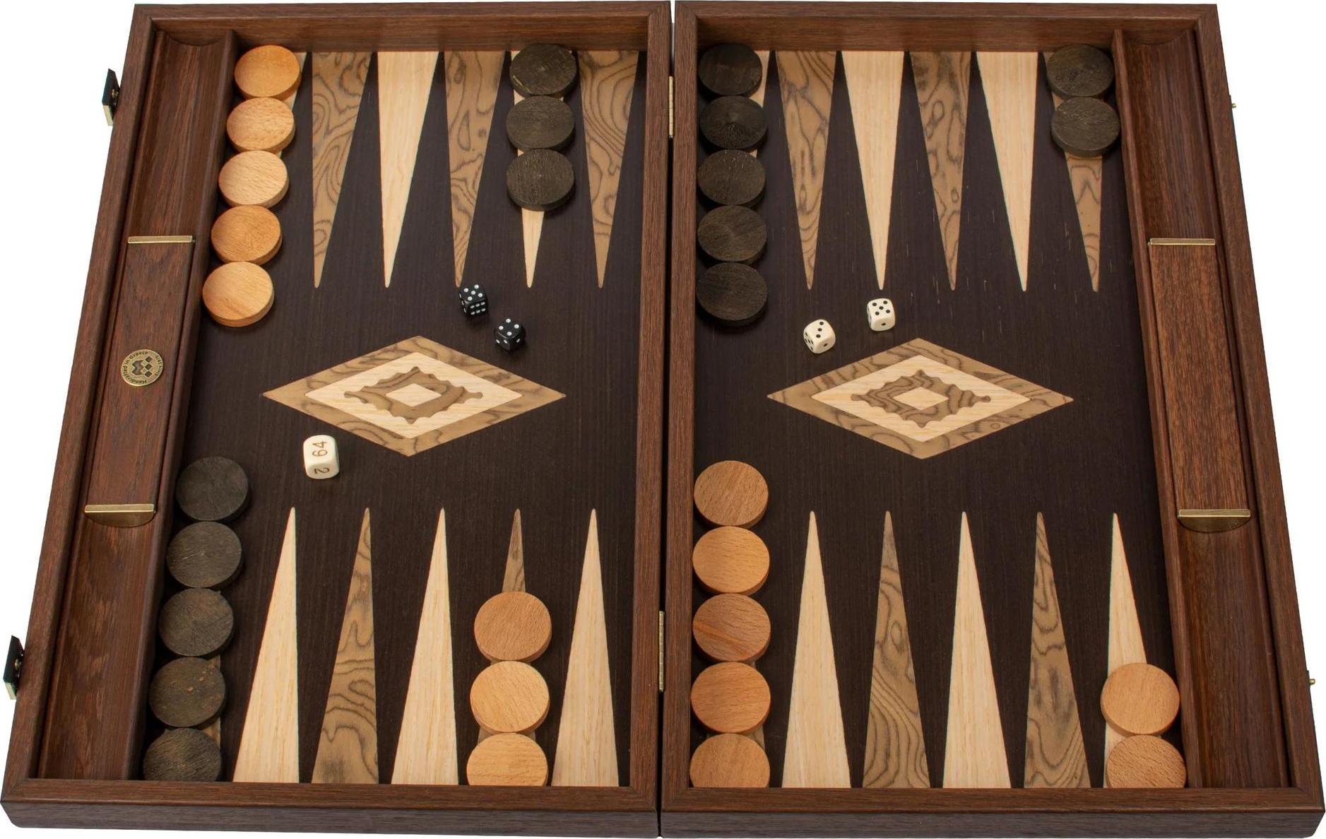 Manopoulos Premium Backgammon – Wenge & Nussbaumwurzel – Perlmutt-Design (30x17 cm)