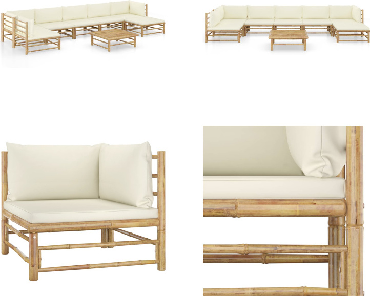 vidaXL 8-dielna záhradná súprava s krémovo bielymi vankúšmi bambus - Záhradná súprava - Záhradné súpravy - Záhradný nábytok - Súprava záhradného nábytku