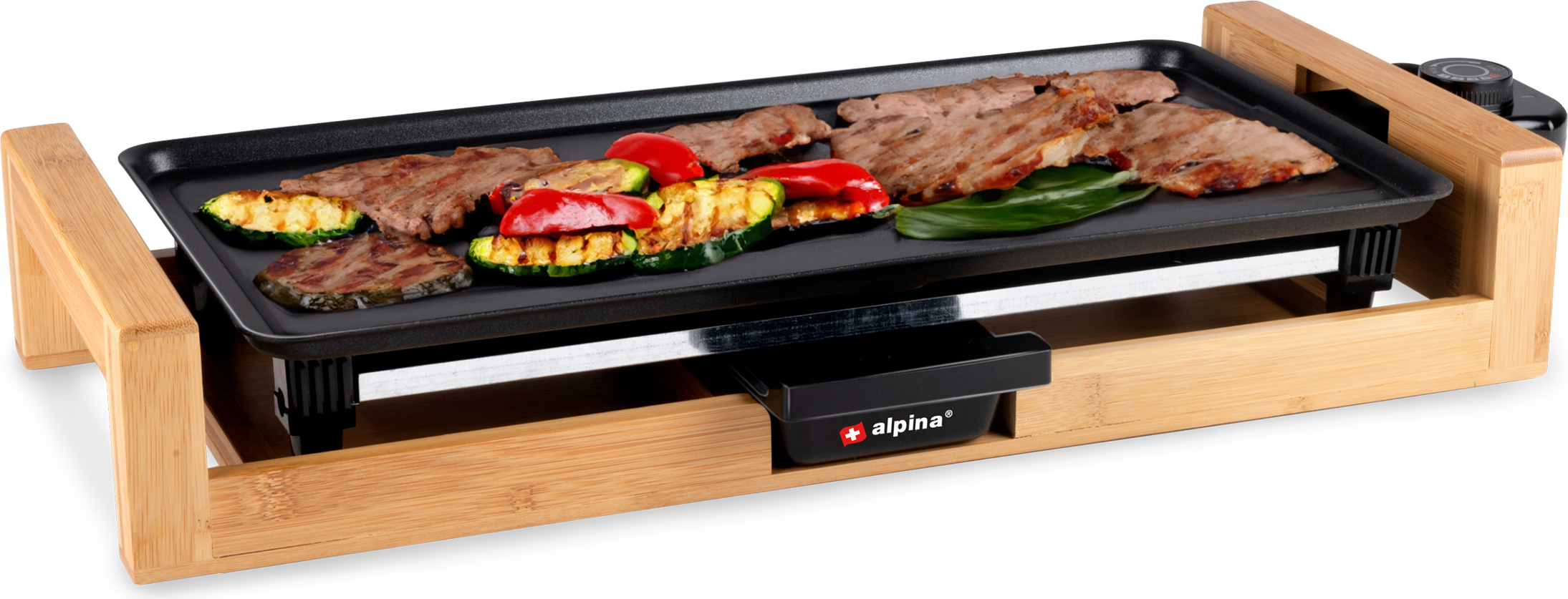 alpina Teppanyaki Gril - Stolný gril 200W - 43 x 22,5 CM - Grilovacia doska Plancha 2000W - Bambusový gril - Grilovacia doska s nepriľnavým povrchom - Nastaviteľná teplota - Čierna