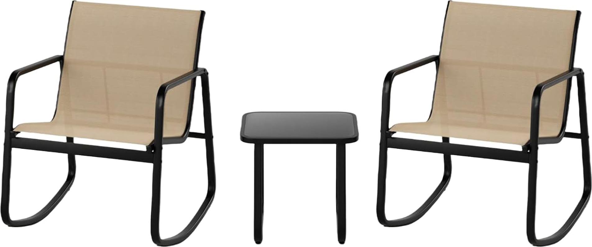 KOMFOTTEU 3 KS. Balkónová súprava, bistro súprava s 2 hojdacími kreslami a stolom, záhradná sedacia súprava z textílie Textilene, súprava záhradného nábytku na terasu balkón (hnedá)