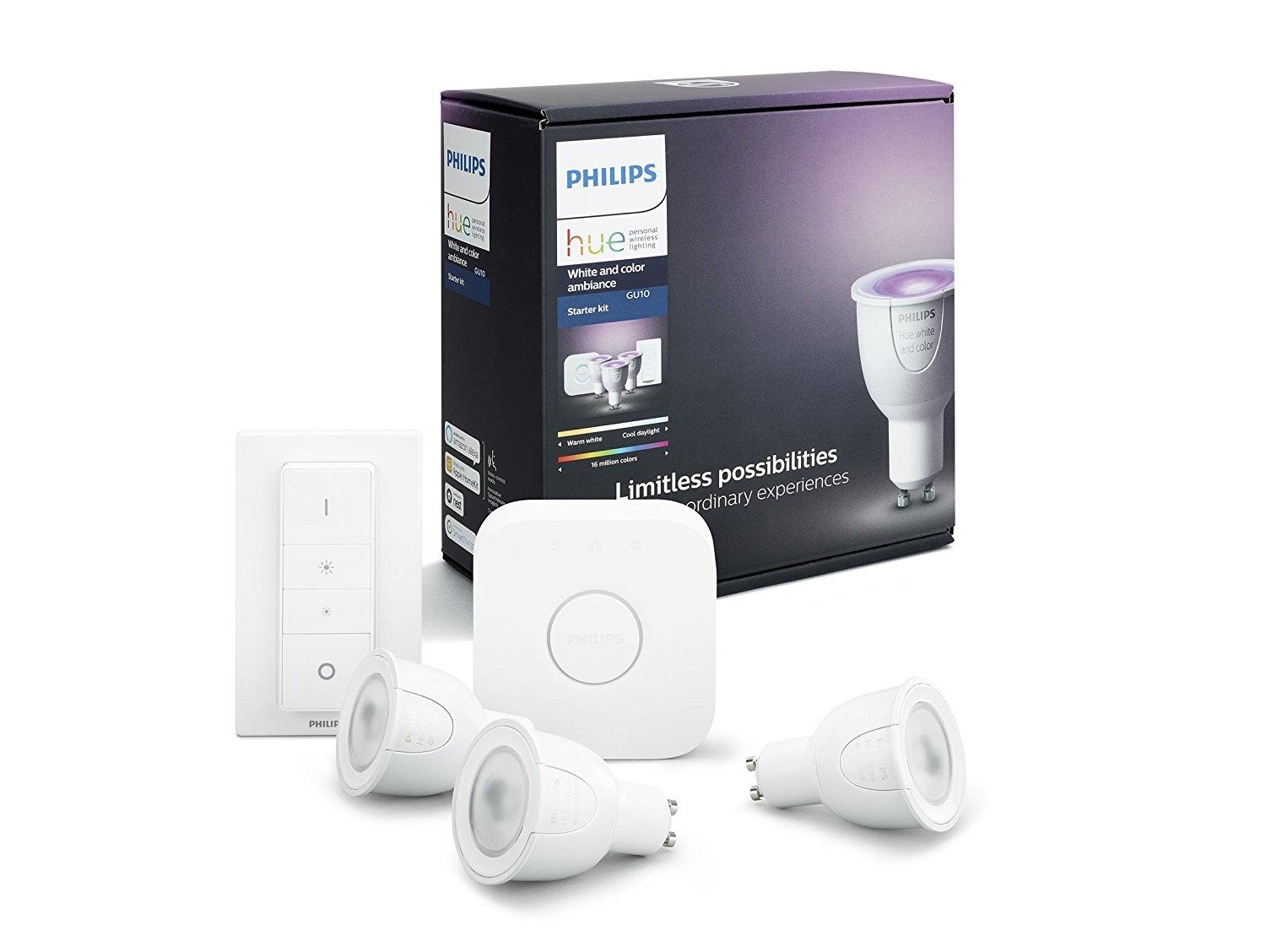 PHILIPS HUE Starter Kit 3 Birnen White & Color GU10 mit Verbindungsbrcke und Fernbedienung Hue 929000261761