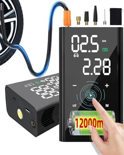 Yanace 12000mAh Mini kompresor, 4x rýchla vzduchová pumpa do auta, 150PSI cyklistická pumpa všetky ventily, malá s meradlom/lampou/USB-C, elektrická pre