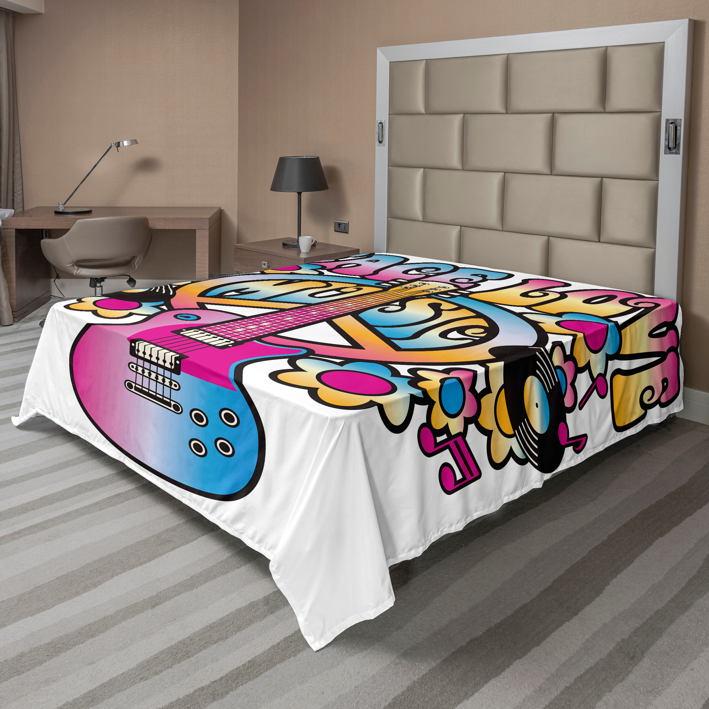 KOZMOS TEKSTL VE GER DÖNÜÜM SANAY TCARET LMTED RKET ABAKUHAUS toll Bettlaken, Friedensliebes Musik Text mit Friedenssymbol Gitarren record musikalische, weiches bequemes oberes Bettlaken für ein dekoratives Bett 1 Stück 275 cm x 260 cm, Blau Gelb Rosa flat_10959_calking_de