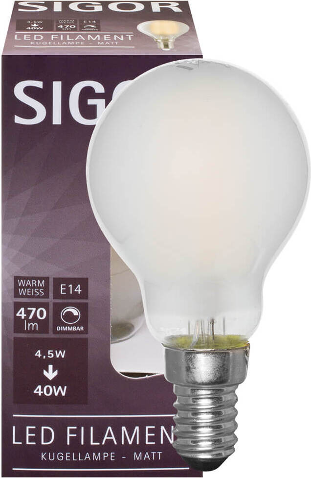 SIGOR 4,5W Kugel Filament matt E14 470lm 2700-2200K DimmToWarm LED Lampe P45 6147701