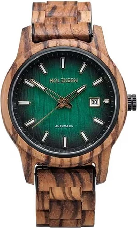 Holzkern Herren-Armbanduhr Automatik Nightbird Zebrano/Grün