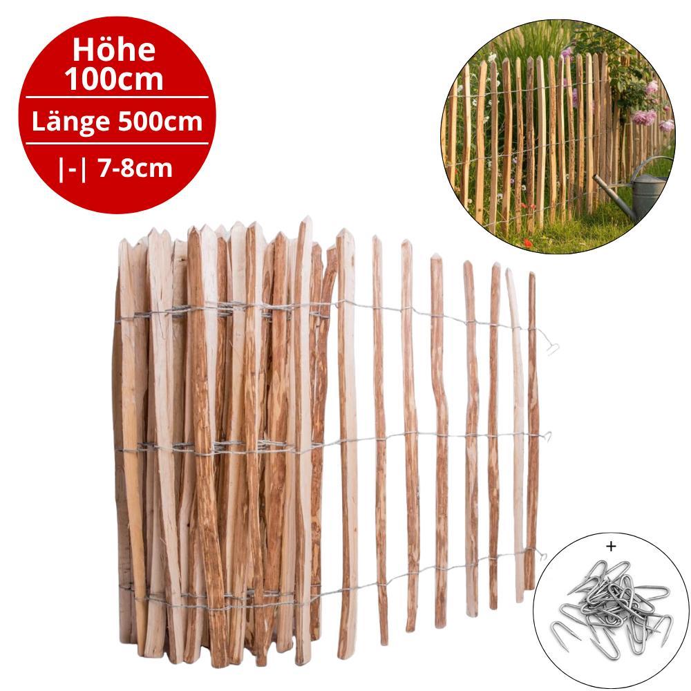 SEVICO Staketenzaun Haselnuss 5m natur Gartenzaun Haselholz 100 cm Abstand 7–8 cm