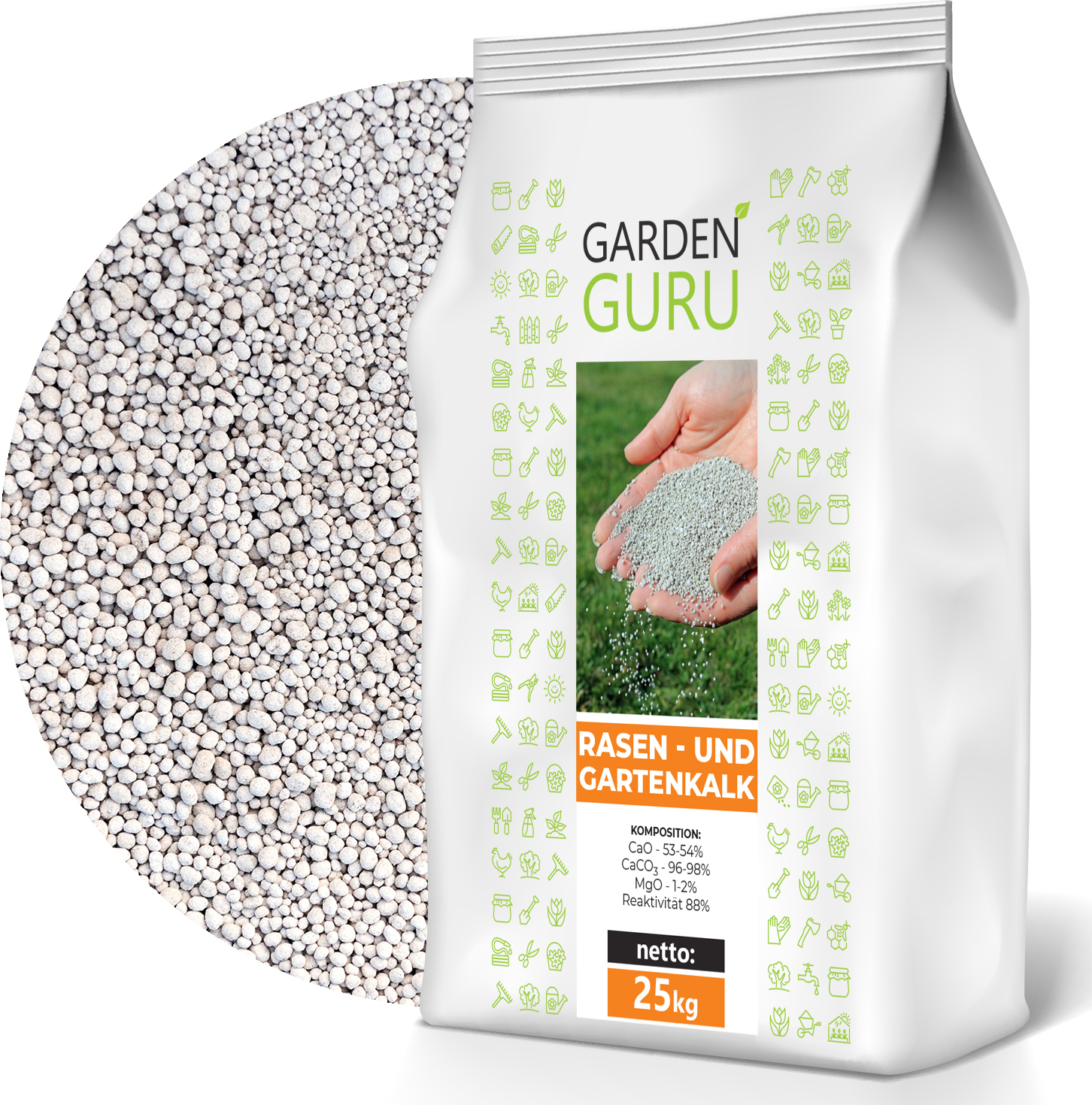 Rasenkalk Gartenkalk 25 kg Kalk Düngekalk Granulat Rasendünger GardenGuru Kalkgranulat Dünger Rasendünger Entfernt Moos 25kg