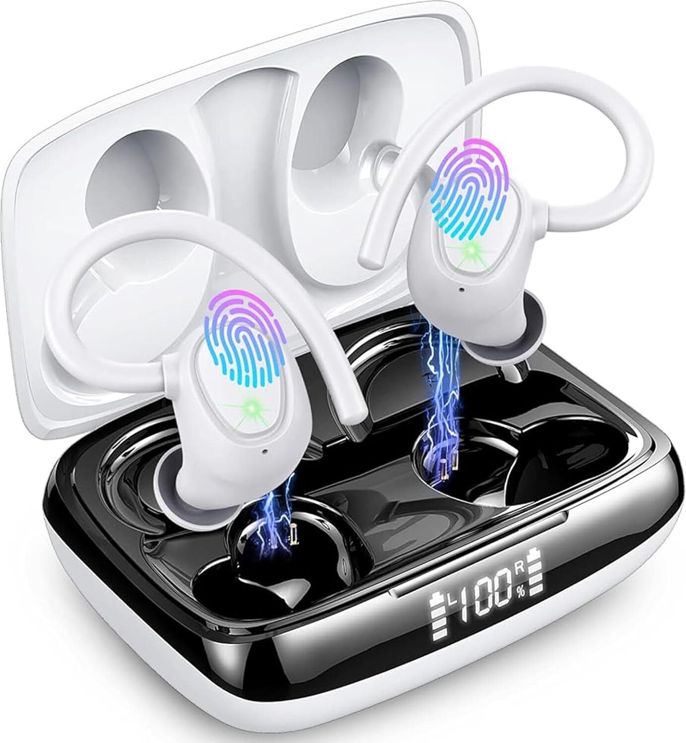 Slúchadlá Bluetooth do uší 2024, bezdrôtové, Bluetooth 5.3, stereo s basmi, doba prehrávania 48 hodín, mikrofón s potlačením šumu CVC8.0, vodotesné IP7, biele, športové